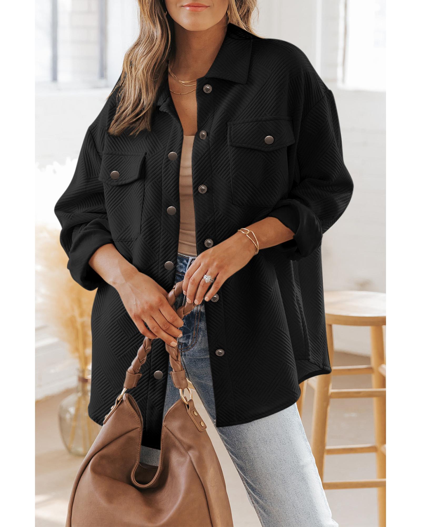 Black Solid Textured Flap Pocket Buttoned Shacket - M