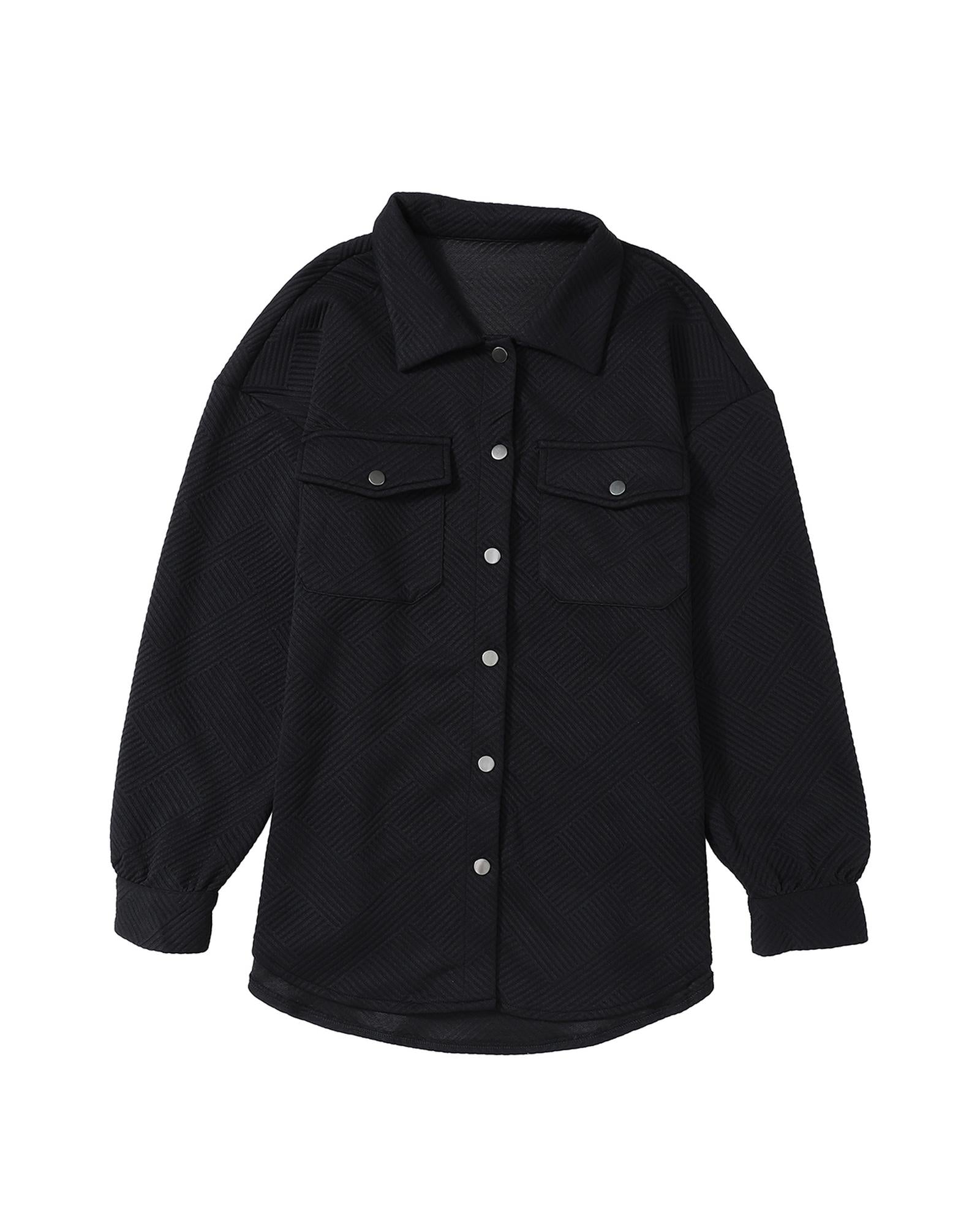 Black Solid Textured Flap Pocket Buttoned Shacket - S 7