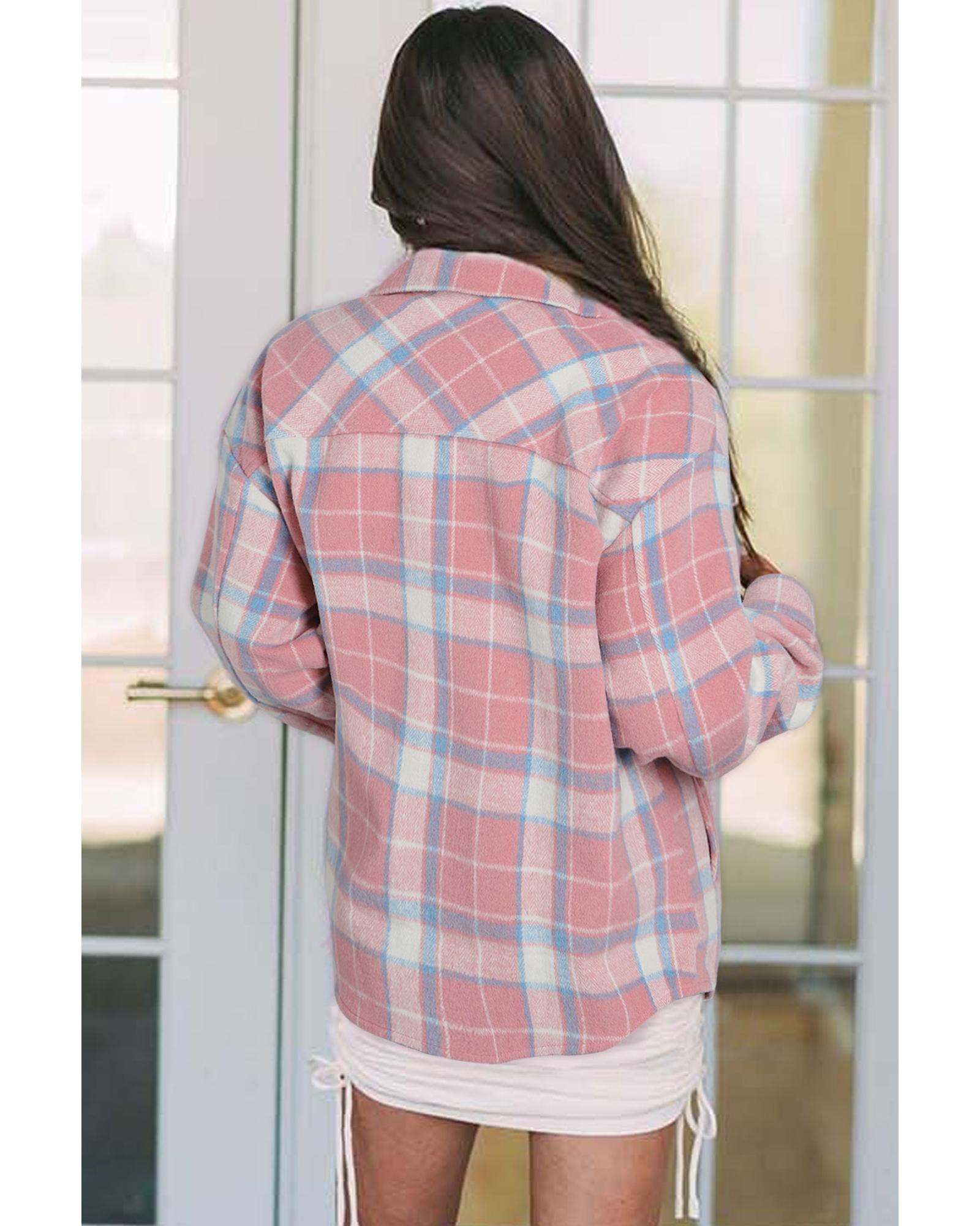Pink Plaid Flap Pocket Flannel Shacket - M