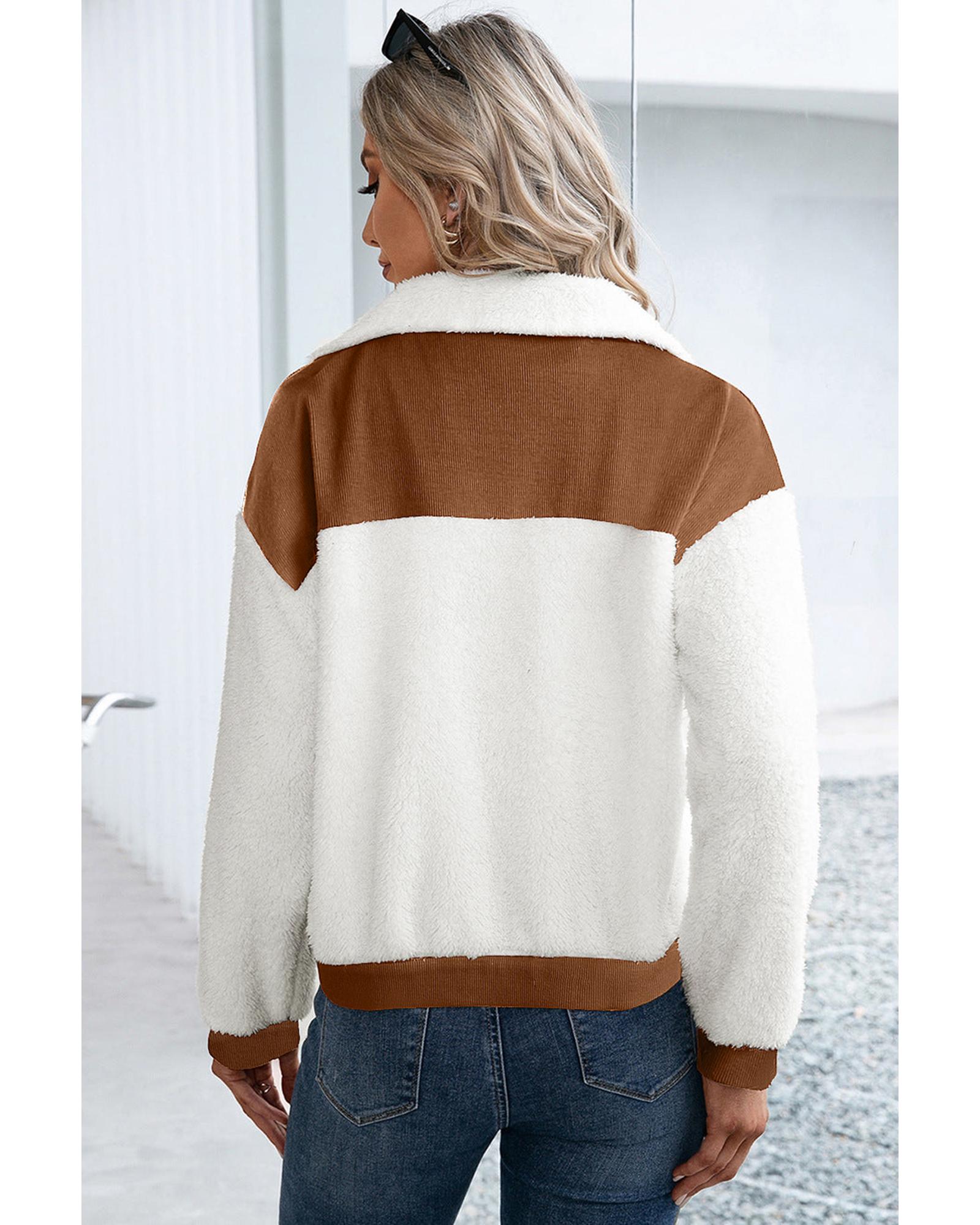 Chestnut Corduroy Color Block Contrast Patchwork Fuzzy Jacket - XL