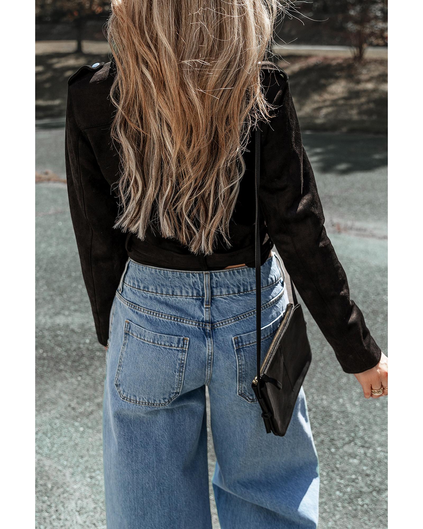 Black Asymmetric Zipper Belted Hem Jacket - L