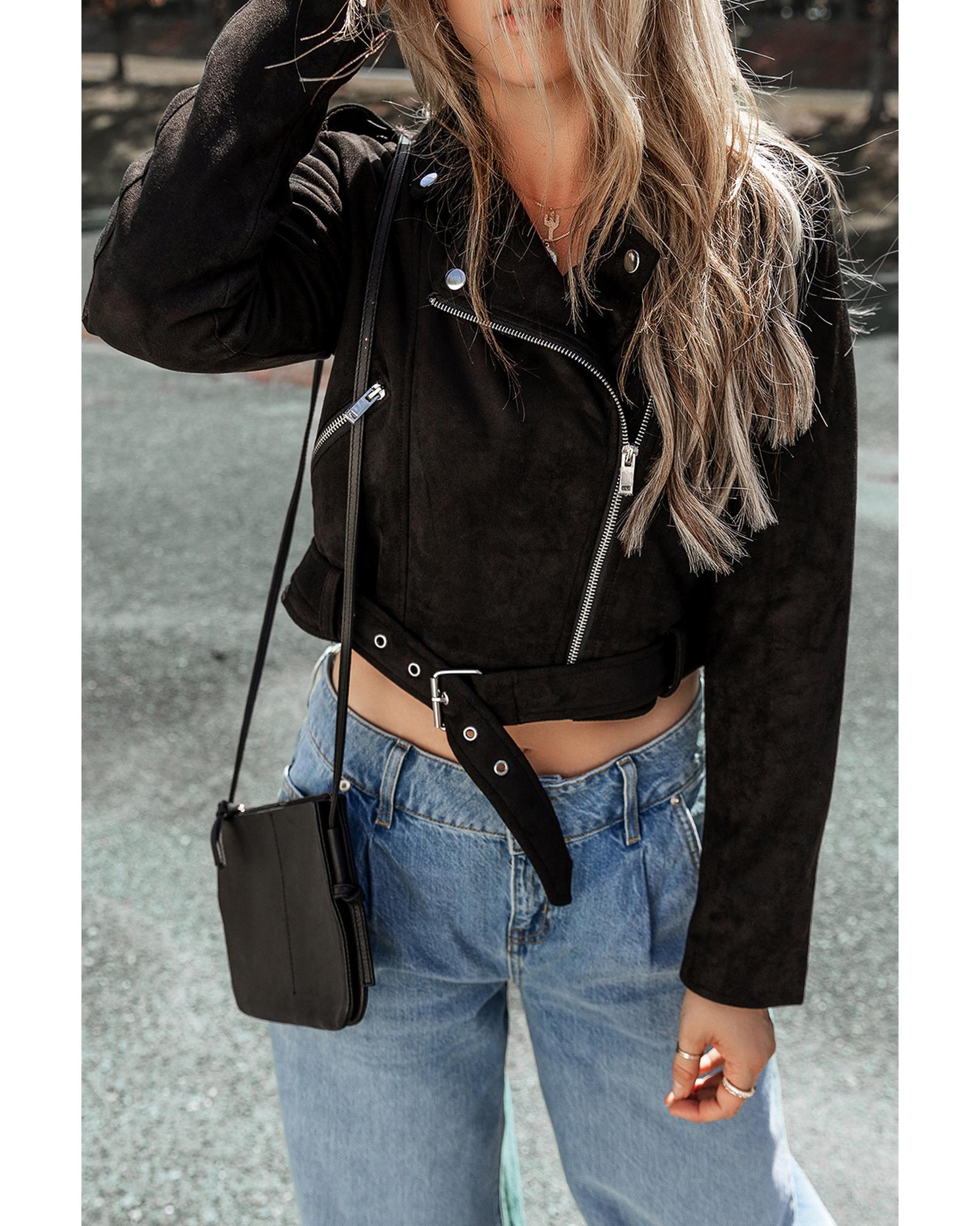 Black Asymmetric Zipper Belted Hem Jacket - M