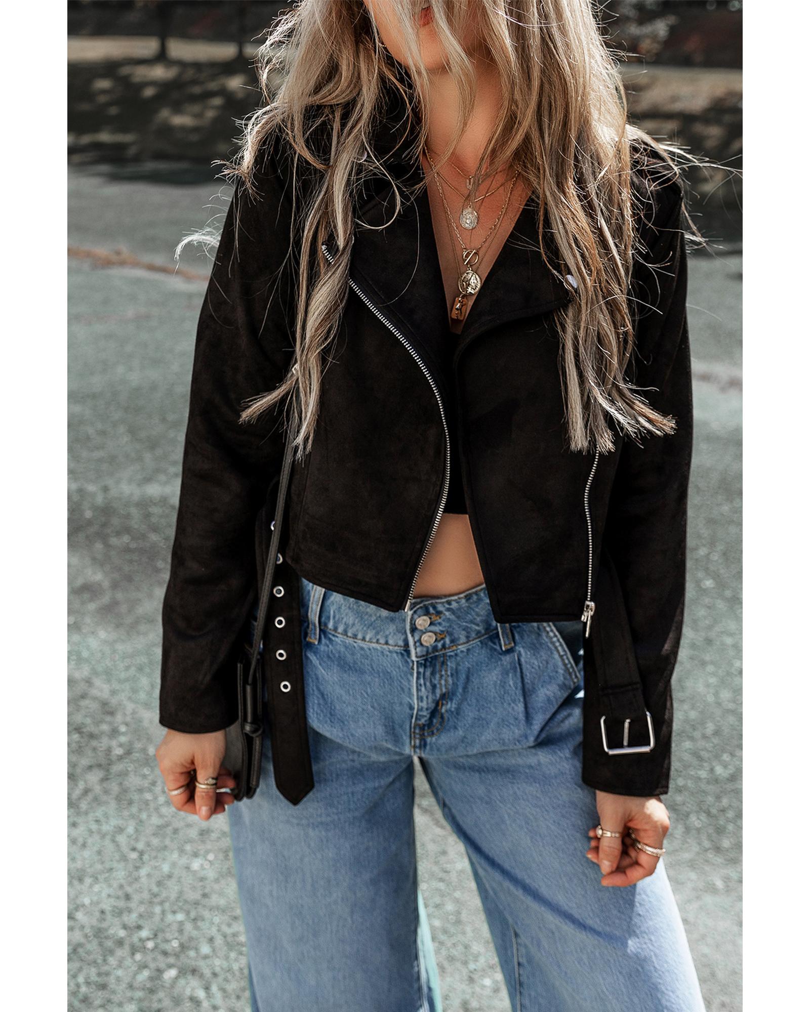 Black Asymmetric Zipper Belted Hem Jacket - M