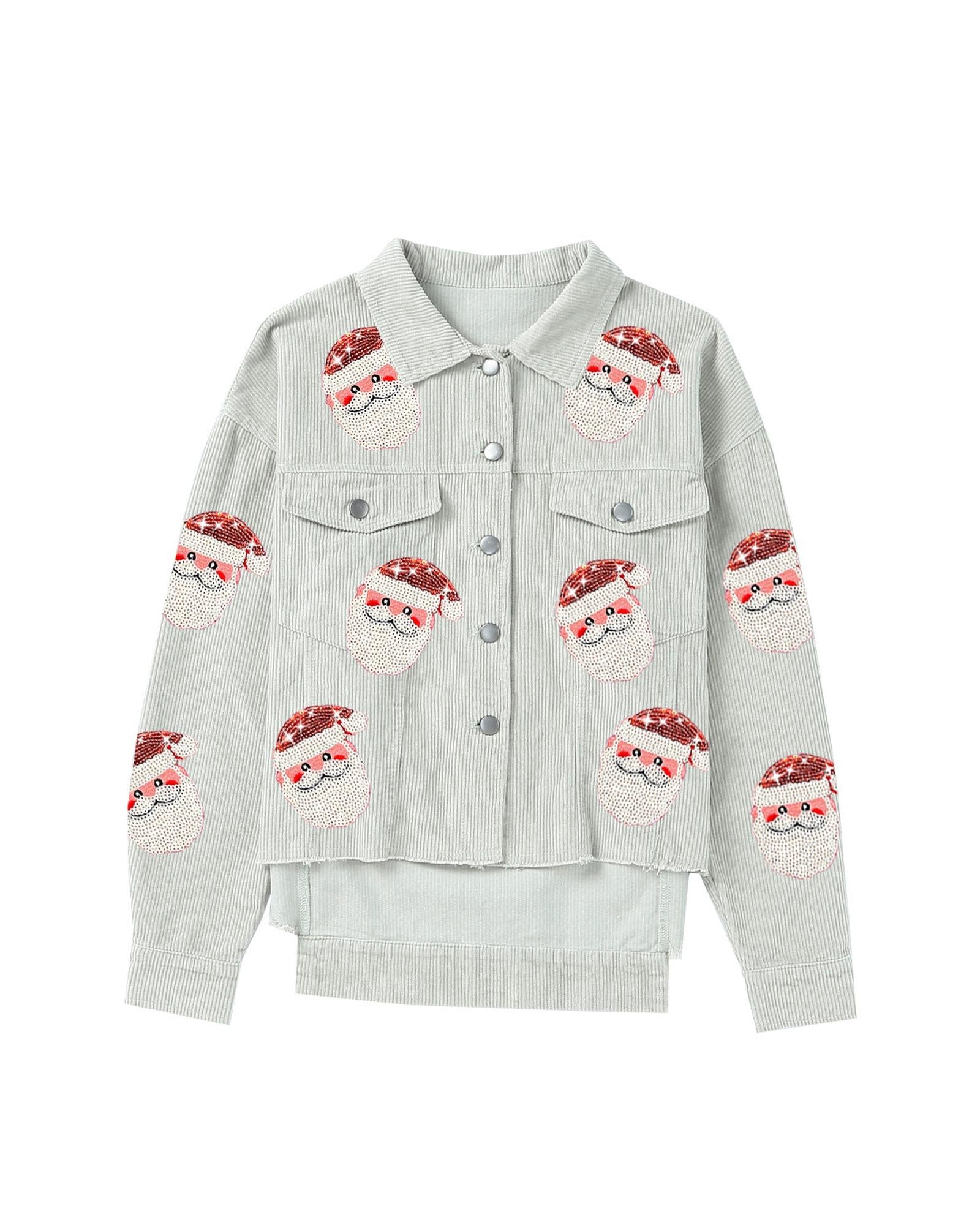 Sky Blue Sequined Santa Claus Flap Pocket Corduroy Jacket - L