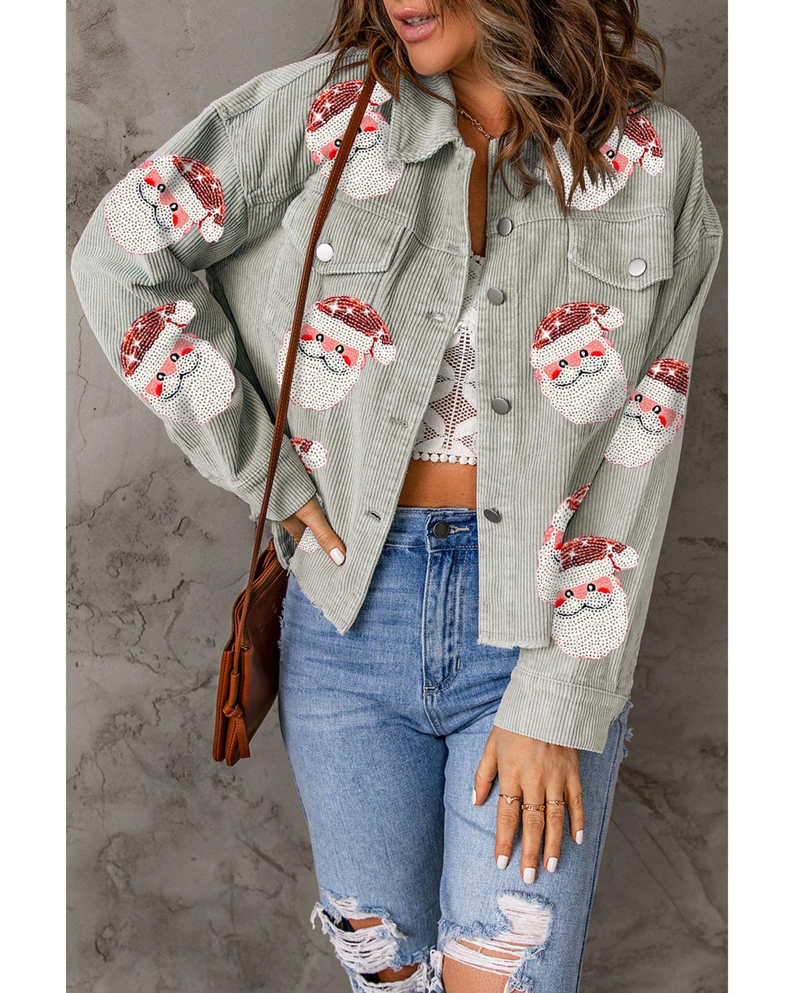Sky Blue Sequined Santa Claus Flap Pocket Corduroy Jacket - XL