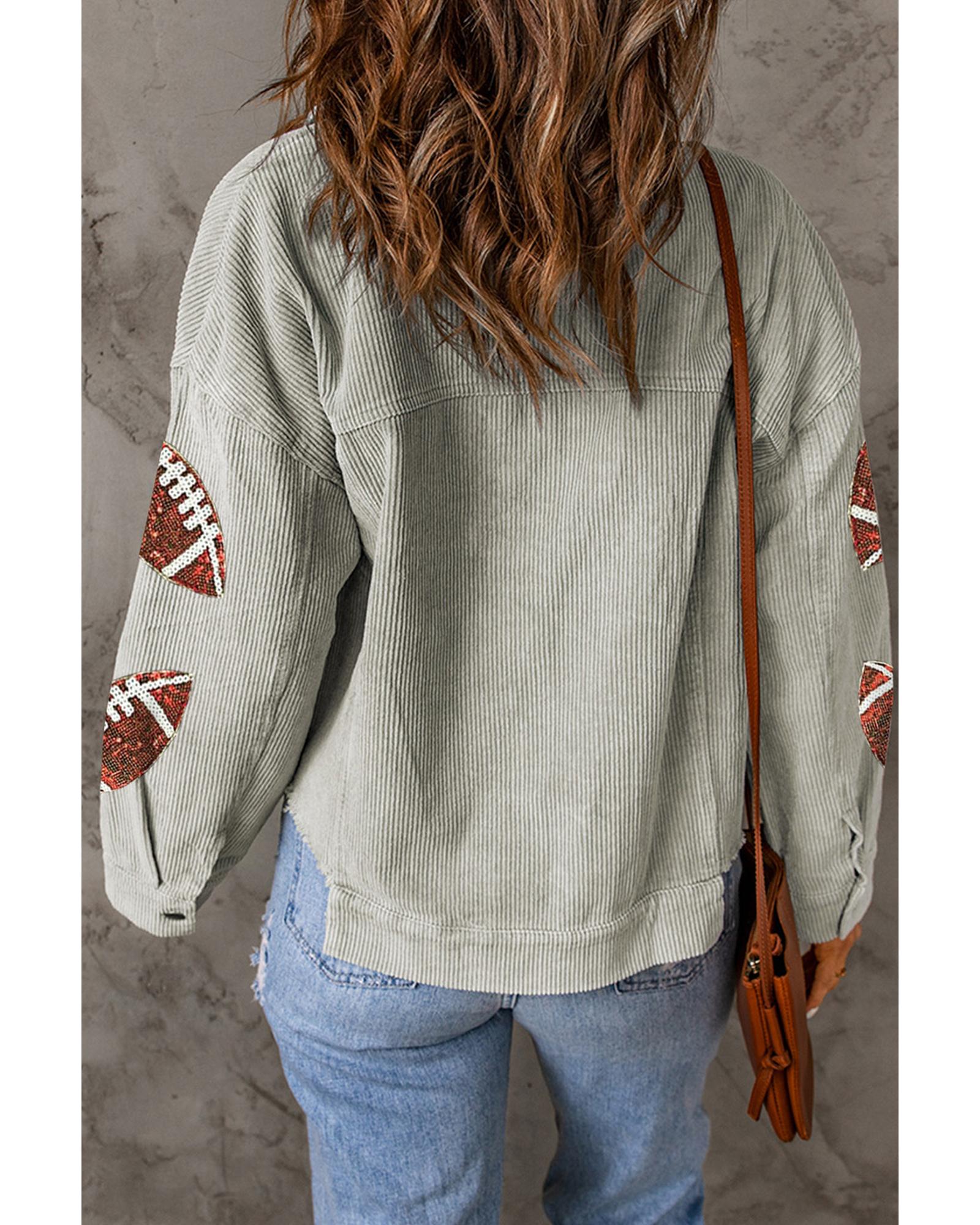 Sky Blue Sequined Football Patch Ribbed Cotton Jacket - M