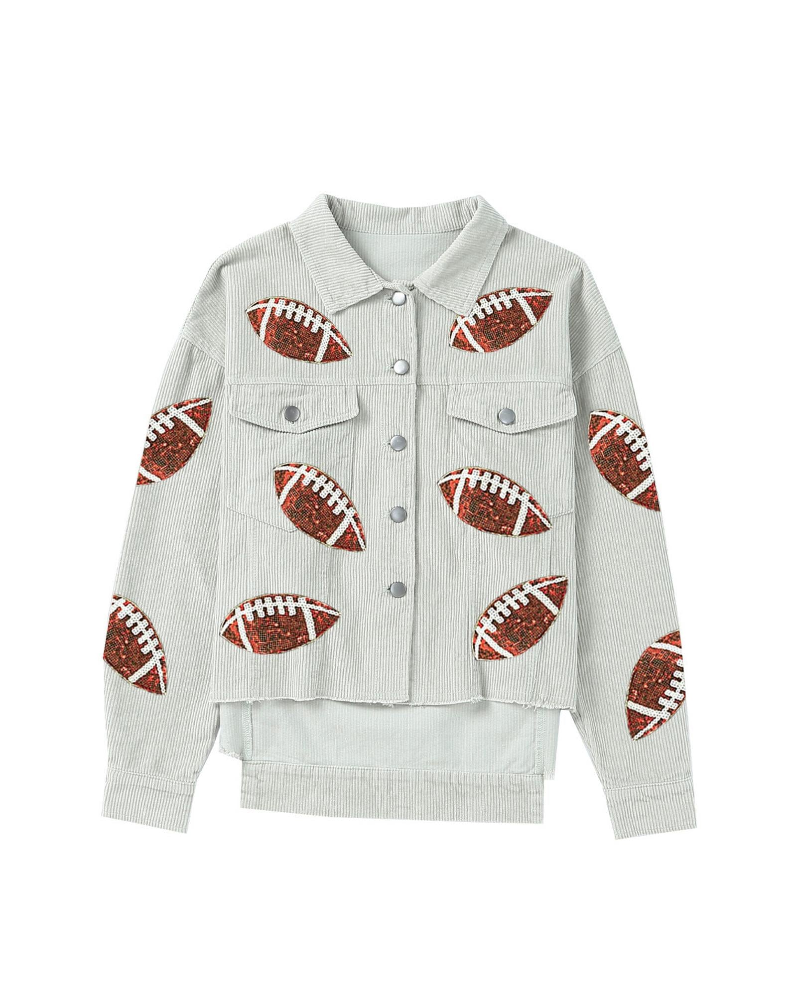 Sky Blue Sequined Football Patch Ribbed Cotton Jacket - XL