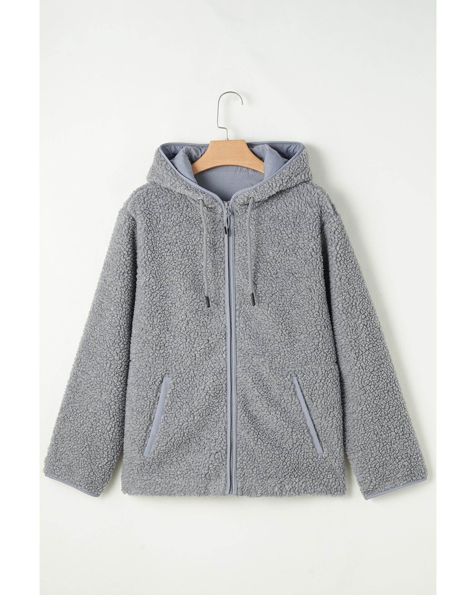 Medium Grey Fleece Zip Up Drawstring Hooded Pocketed Jacket - 2XL 6