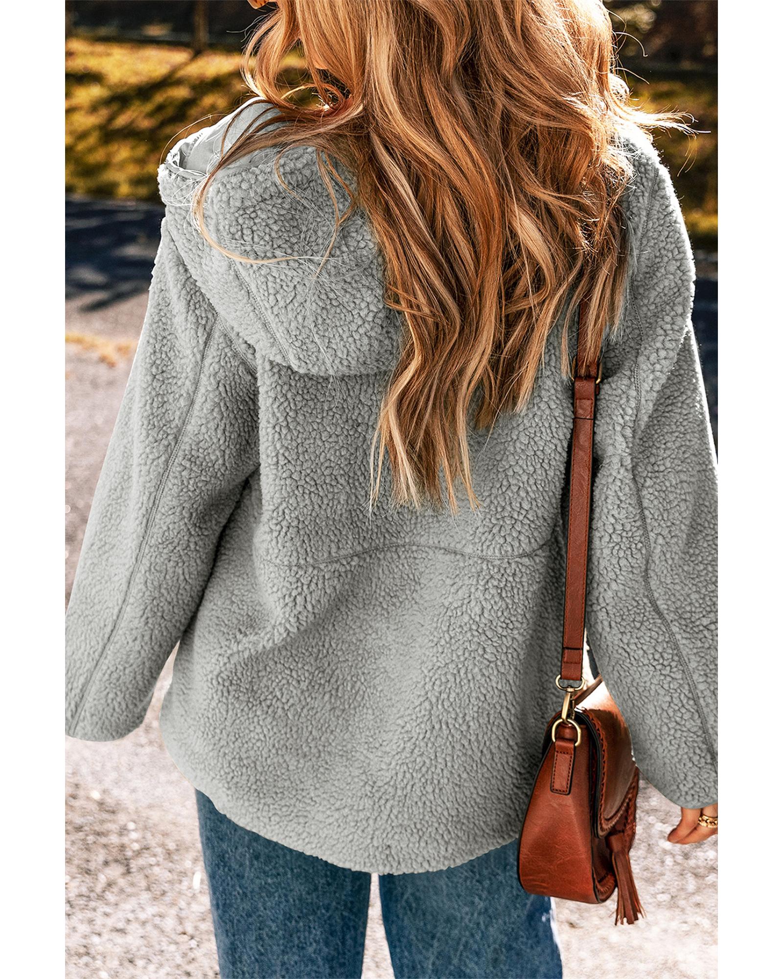 Medium Grey Fleece Zip Up Drawstring Hooded Pocketed Jacket - M 5