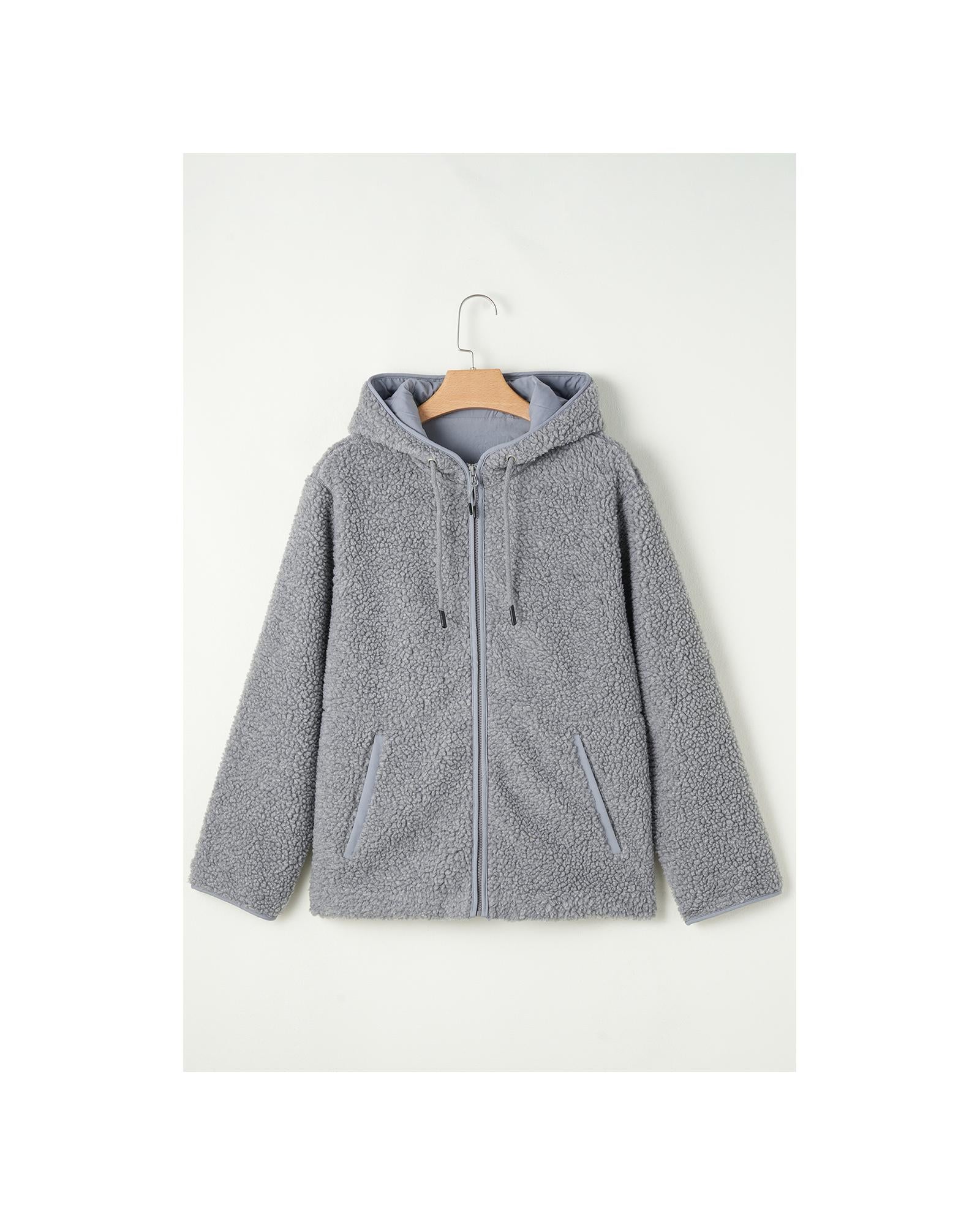 Medium Grey Fleece Zip Up Drawstring Hooded Pocketed Jacket - M 6
