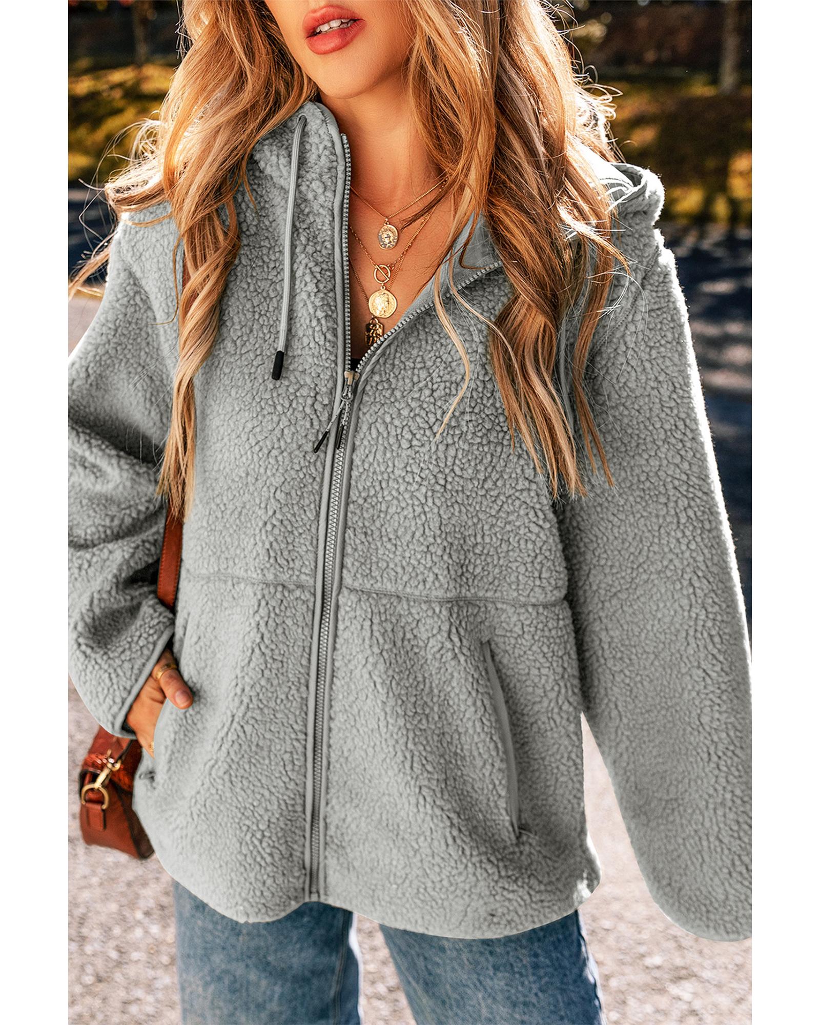 Medium Grey Fleece Zip Up Drawstring Hooded Pocketed Jacket - M 7