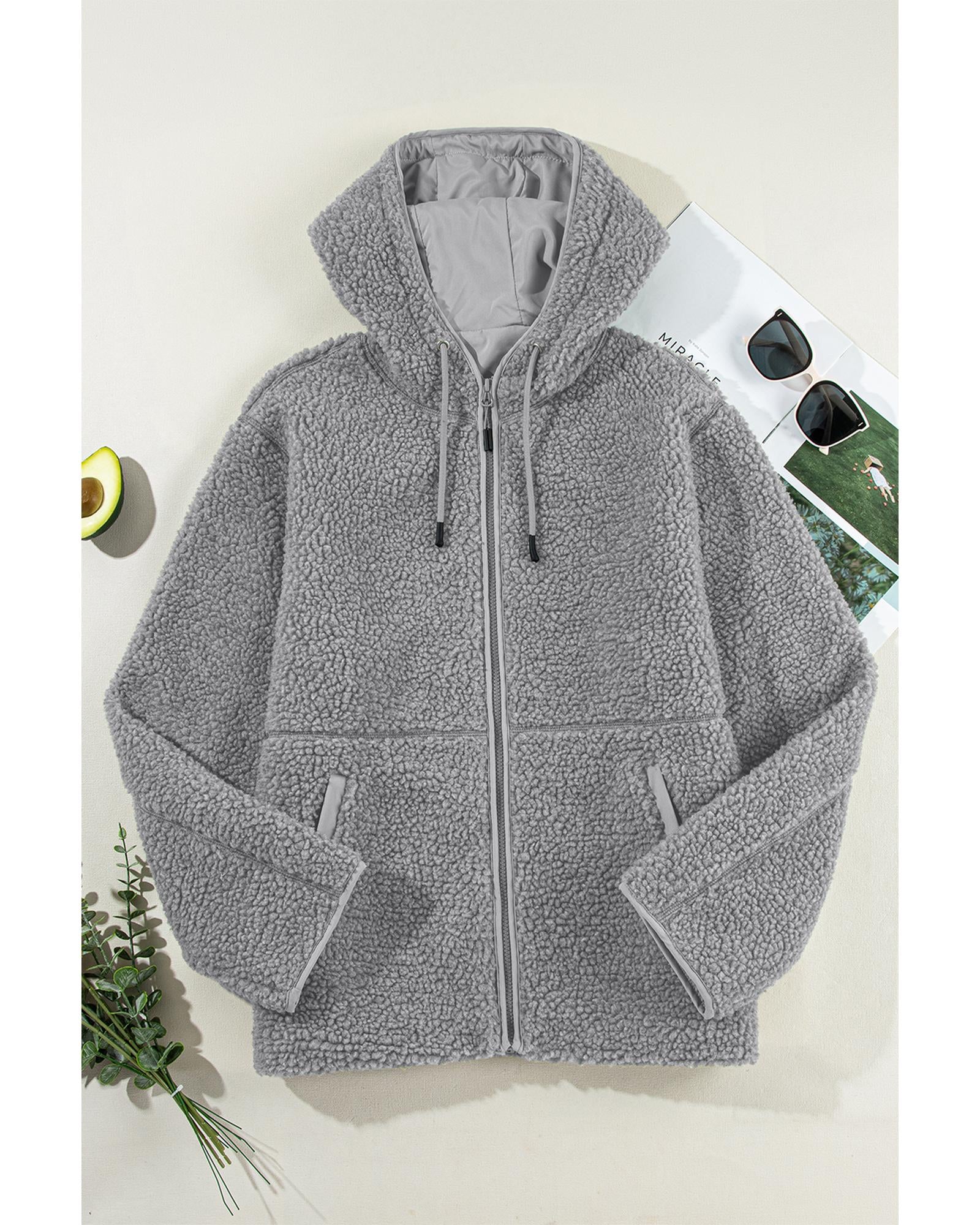 Medium Grey Fleece Zip Up Drawstring Hooded Pocketed Jacket - XL 8
