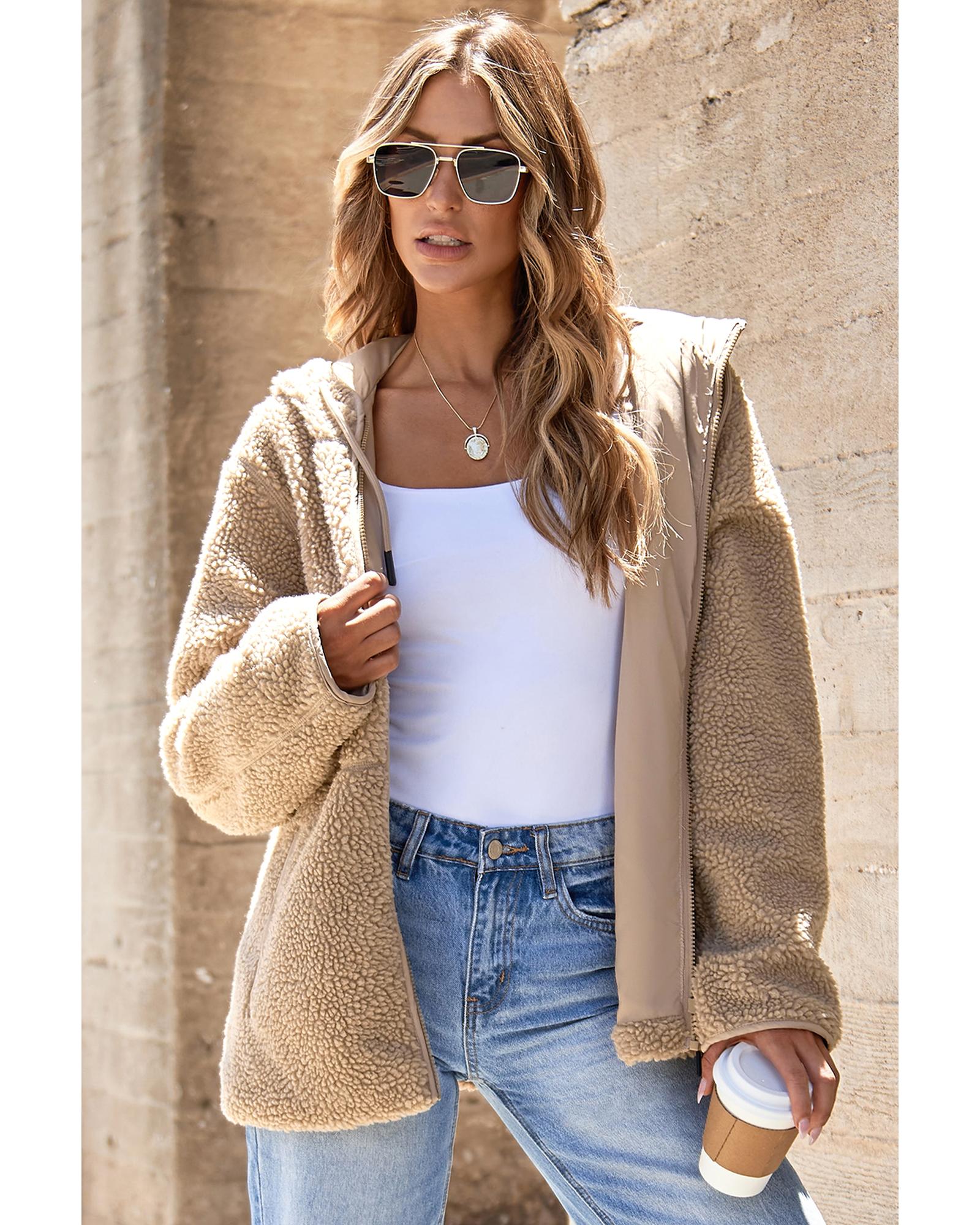 Pale Khaki Fleece Zip Up Drawstring Hooded Pocketed Jacket - M 4