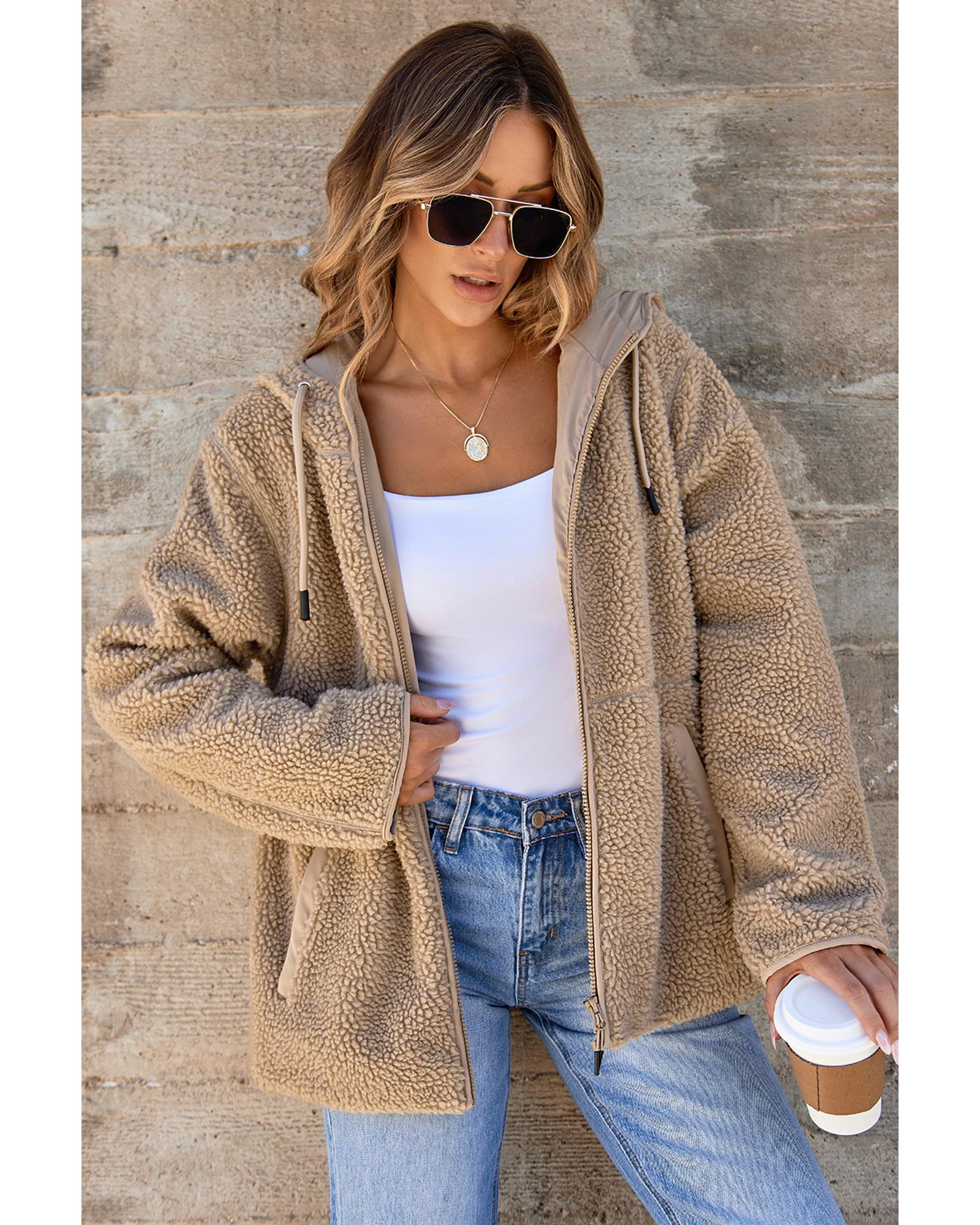 Pale Khaki Fleece Zip Up Drawstring Hooded Pocketed Jacket - M 6