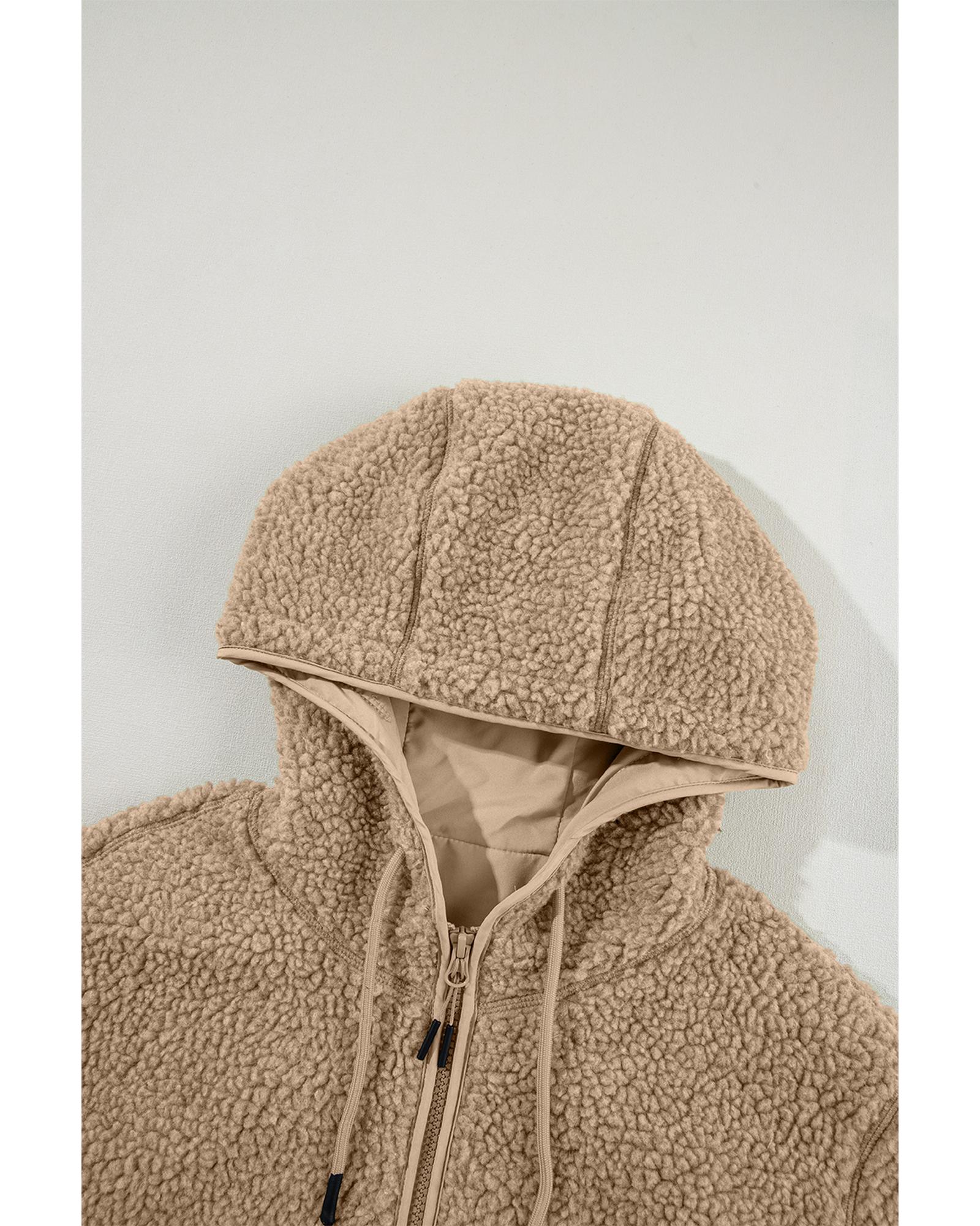 Pale Khaki Fleece Zip Up Drawstring Hooded Pocketed Jacket - XL 3