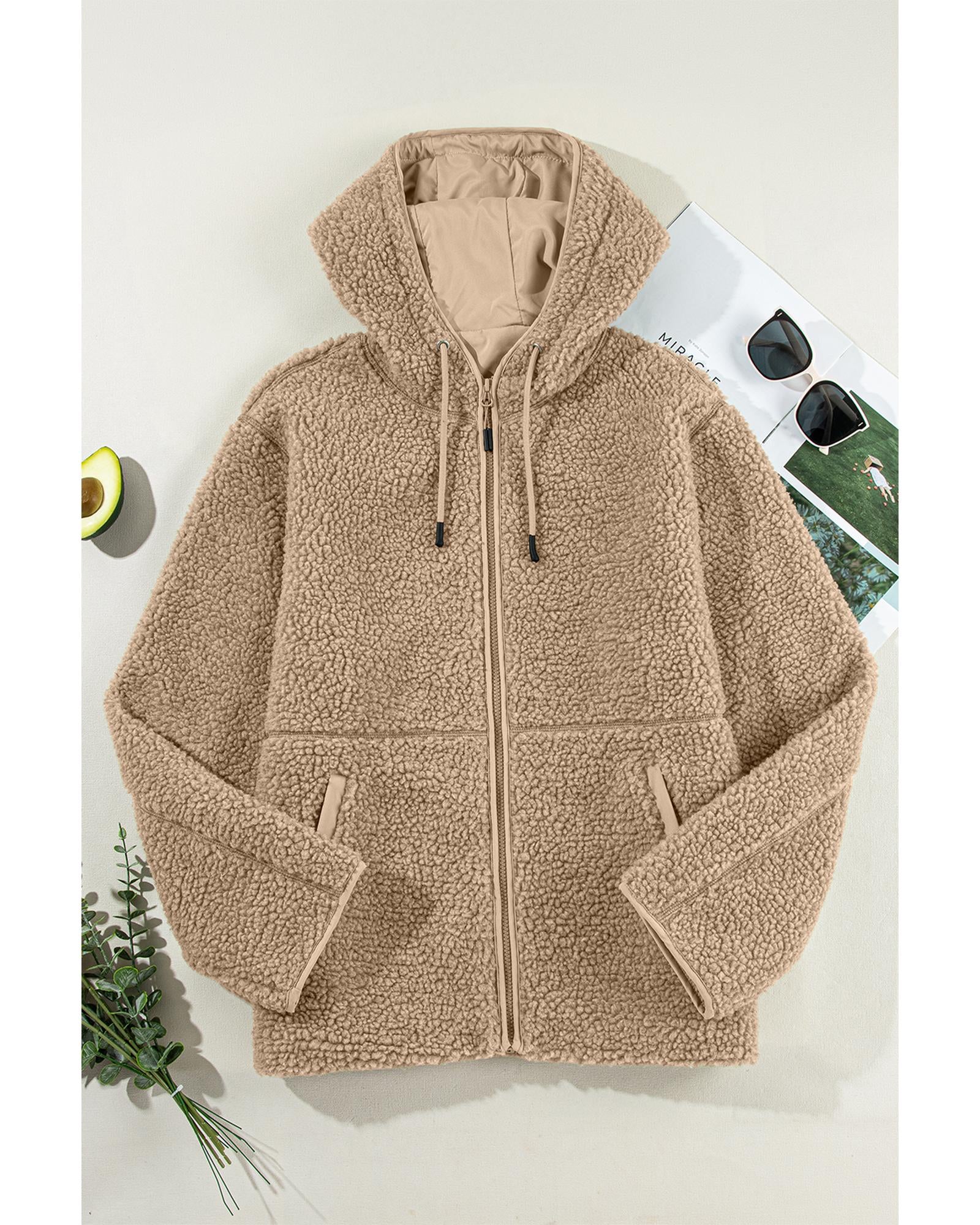 Pale Khaki Fleece Zip Up Drawstring Hooded Pocketed Jacket - XL 5