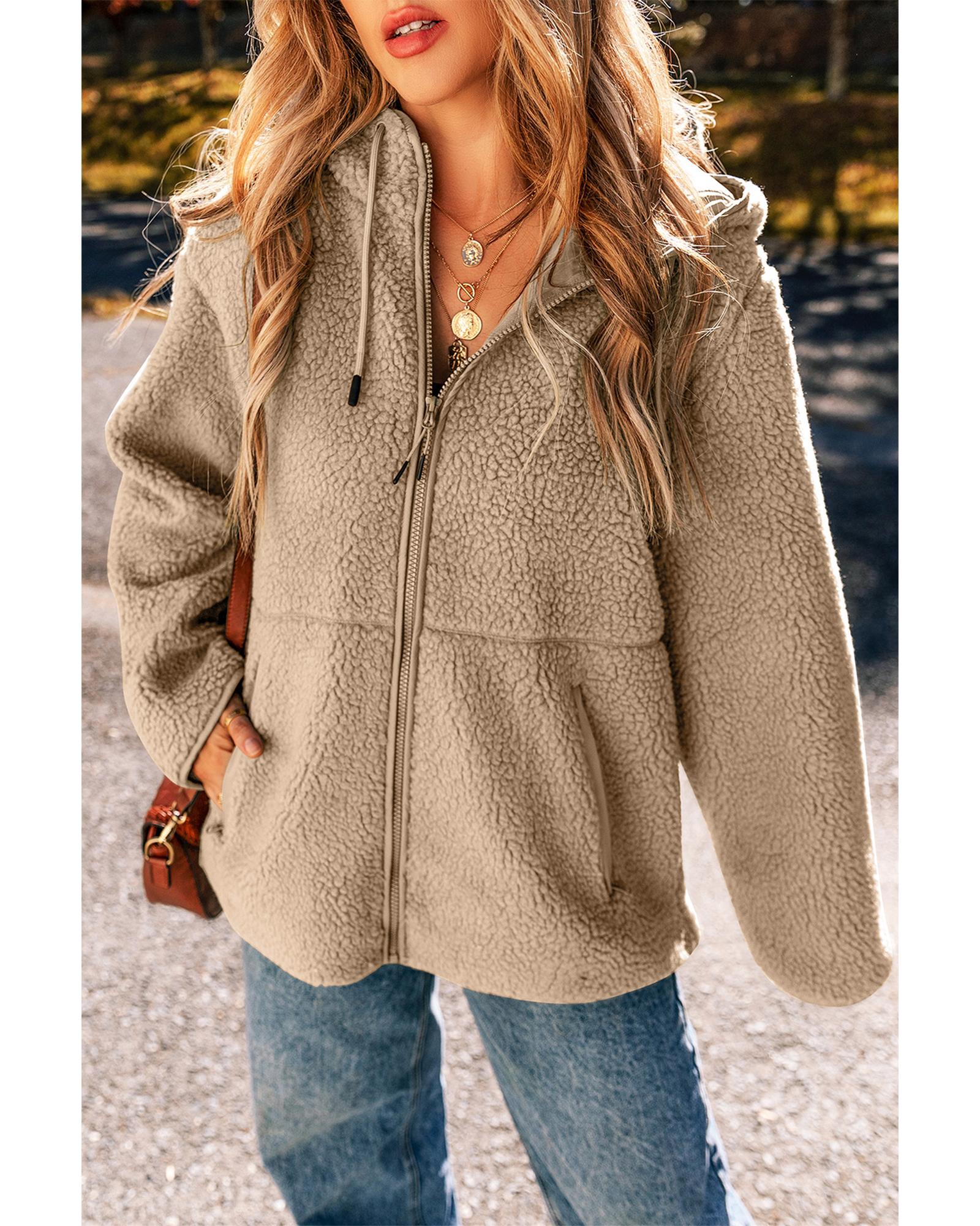 Pale Khaki Fleece Zip Up Drawstring Hooded Pocketed Jacket - XL 7