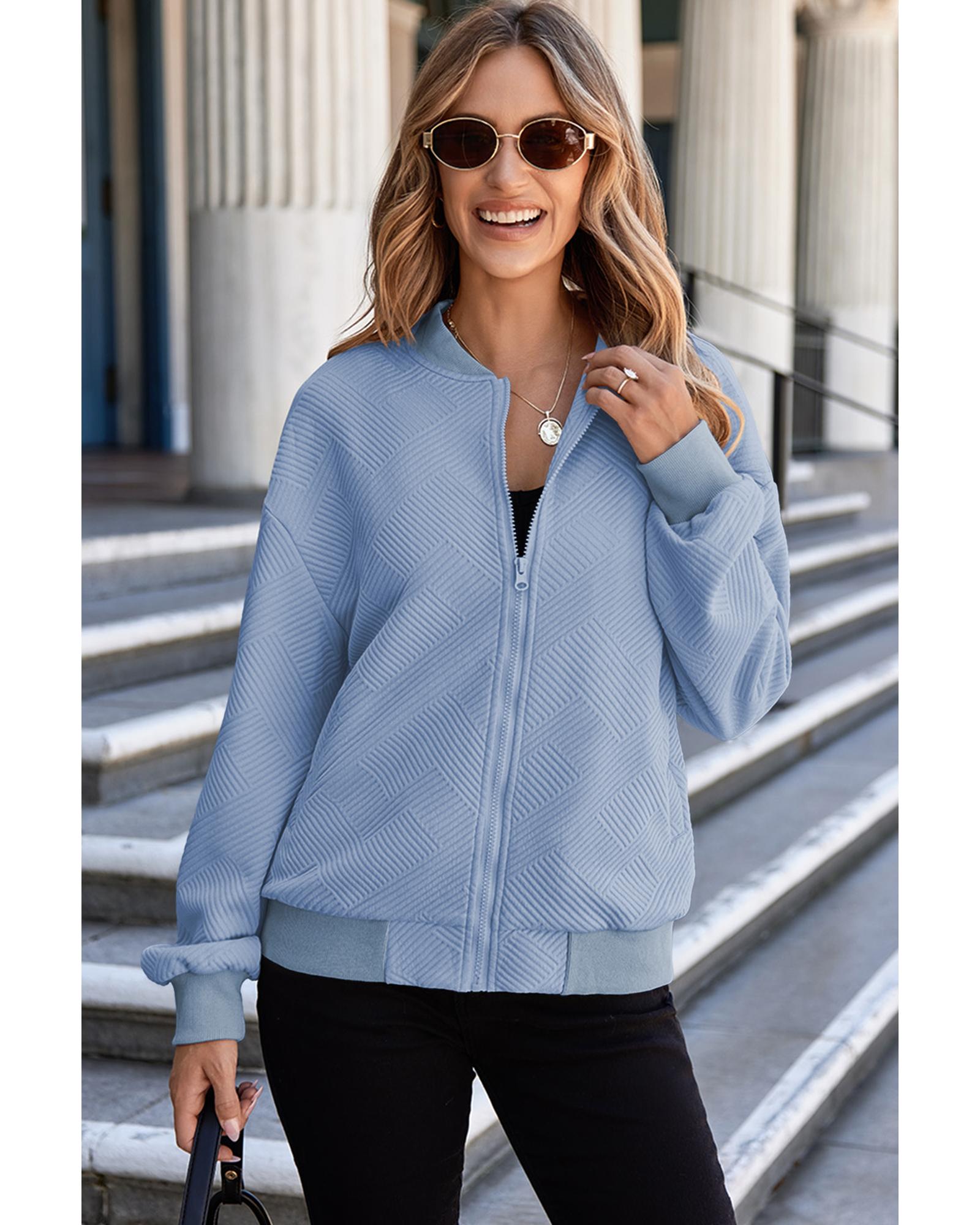 Myosotis Solid Textured Stand Neck Zipper Bomber Jacket - 2XL