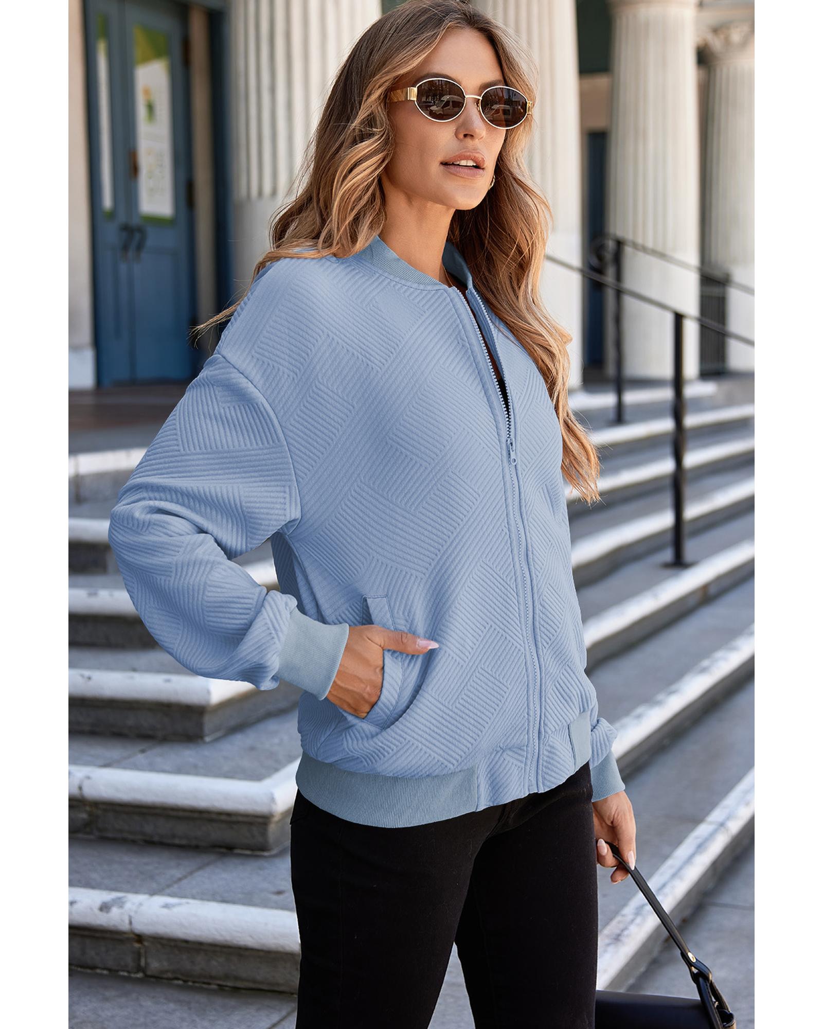 Myosotis Solid Textured Stand Neck Zipper Bomber Jacket - M 3