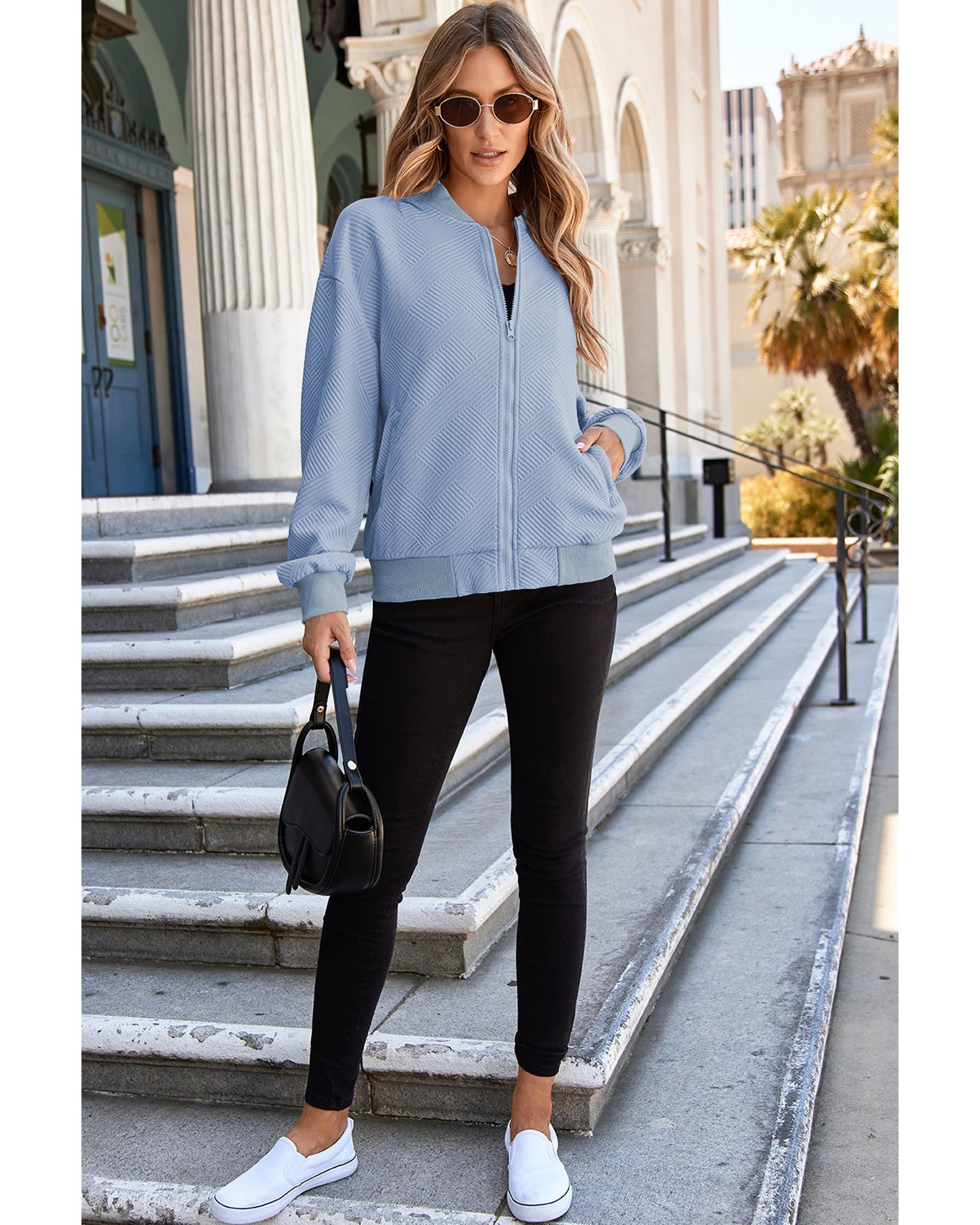 Myosotis Solid Textured Stand Neck Zipper Bomber Jacket - M 4