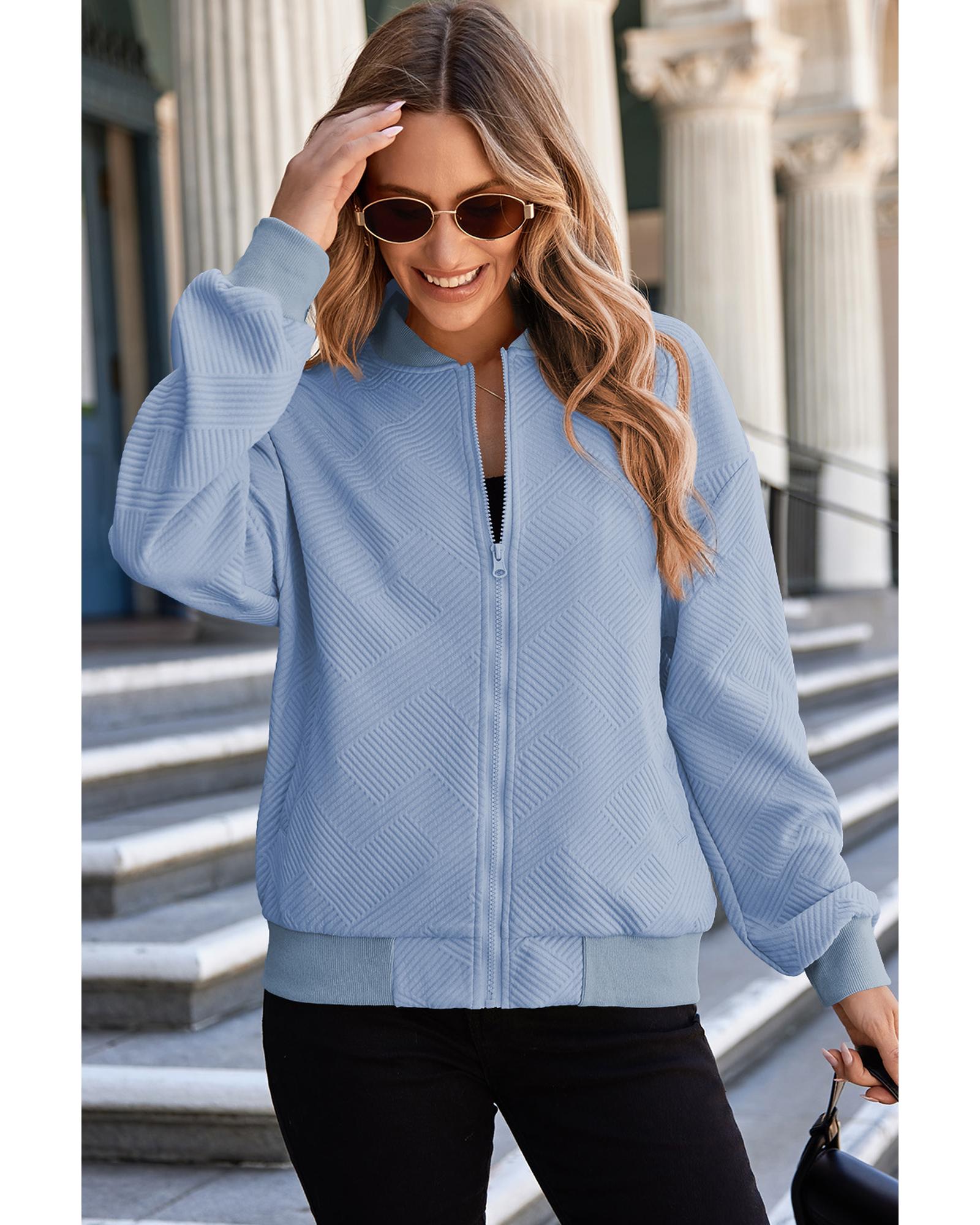 Myosotis Solid Textured Stand Neck Zipper Bomber Jacket - M 5