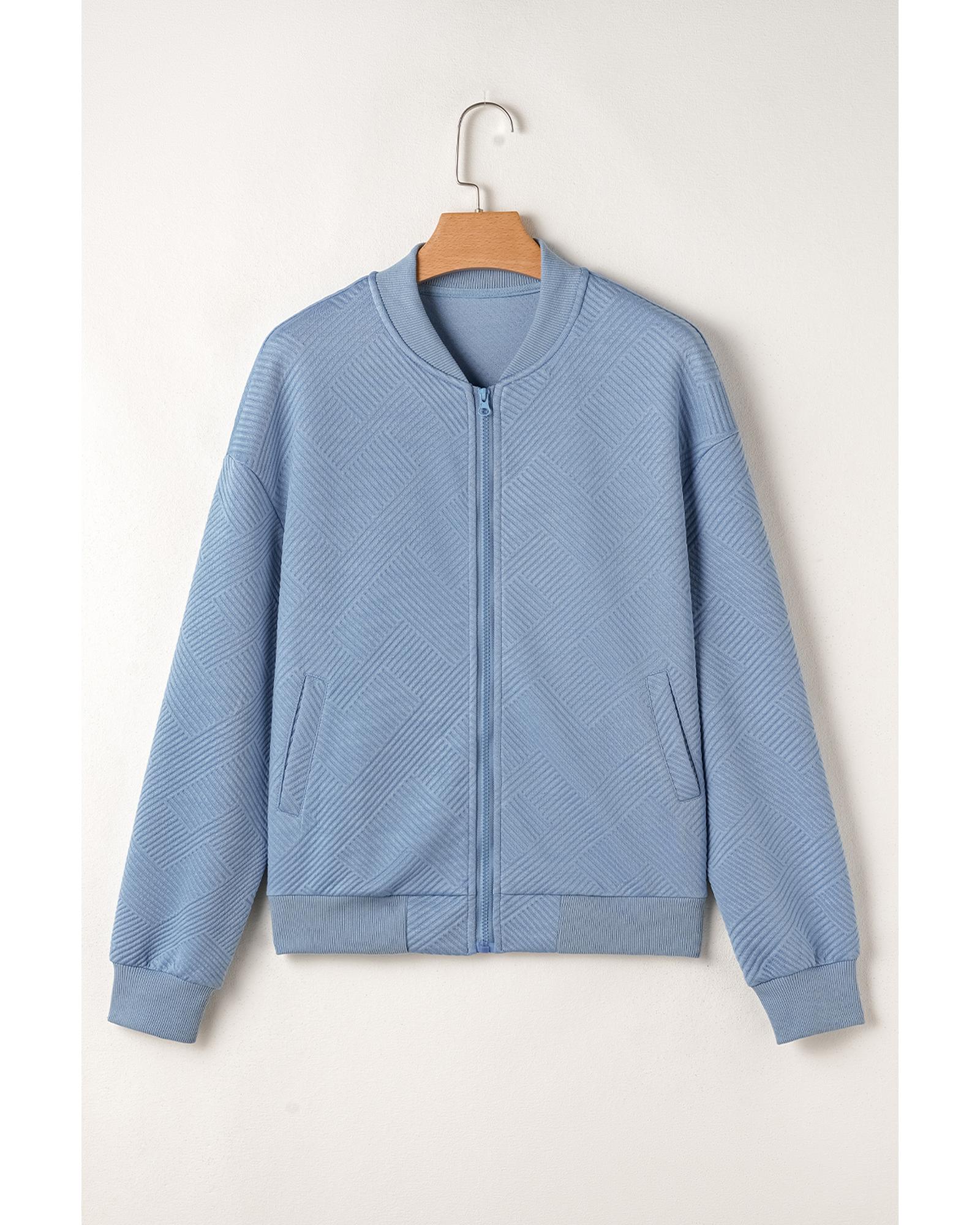 Myosotis Solid Textured Stand Neck Zipper Bomber Jacket - M 6