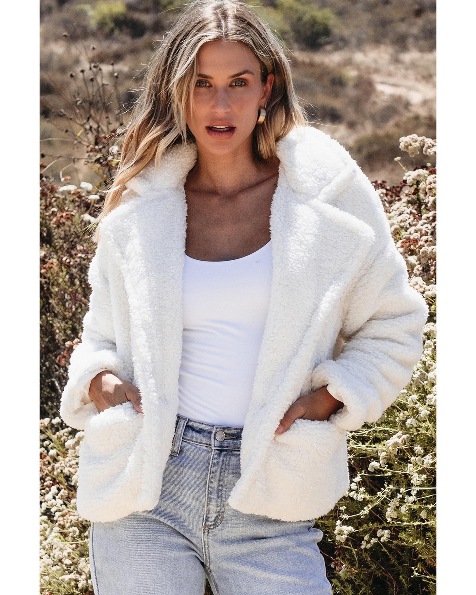 Beige Faux Fur Button Pocketed Lapel Collar Jacket - L