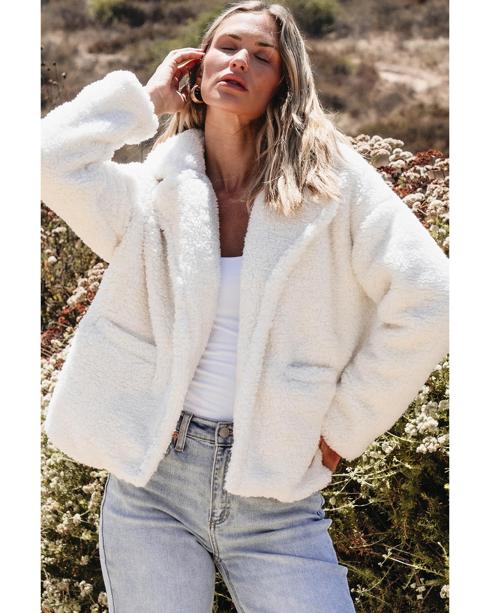 Beige Faux Fur Button Pocketed Lapel Collar Jacket - S