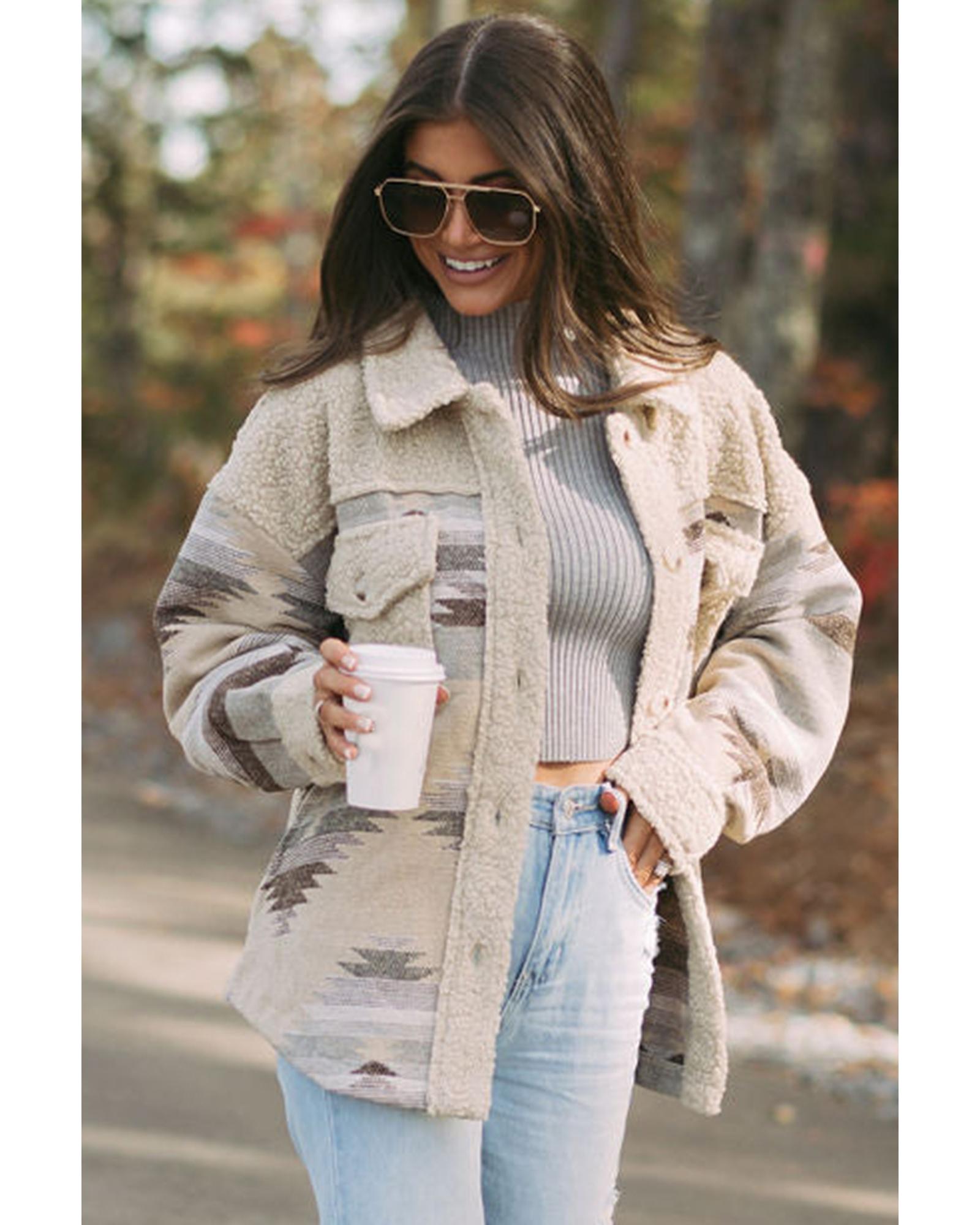 Khaki Western Aztec Print Sherpa Splicing Buttoned Flap Pocket Coat - S