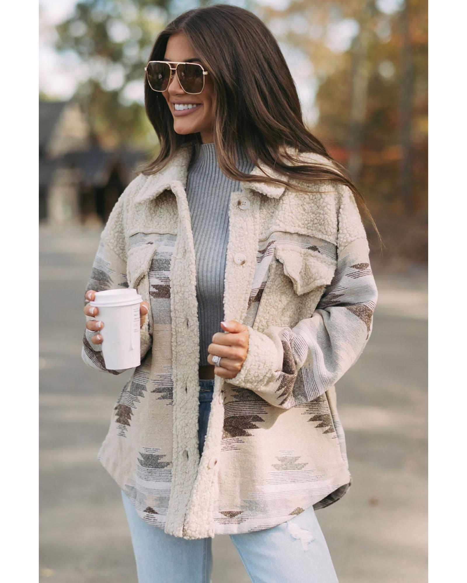 Khaki Western Aztec Print Sherpa Splicing Buttoned Flap Pocket Coat - S 3