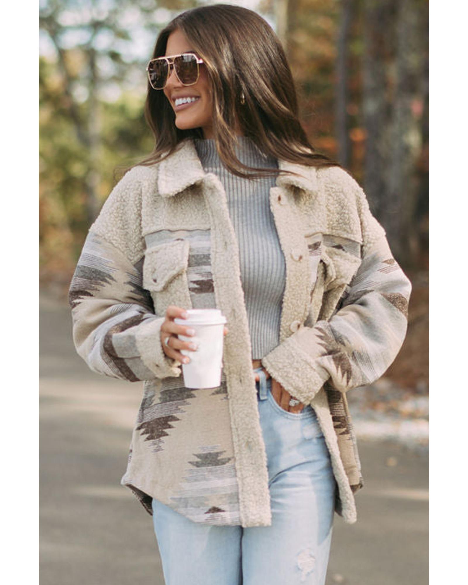 Khaki Western Aztec Print Sherpa Splicing Buttoned Flap Pocket Coat - XL 3