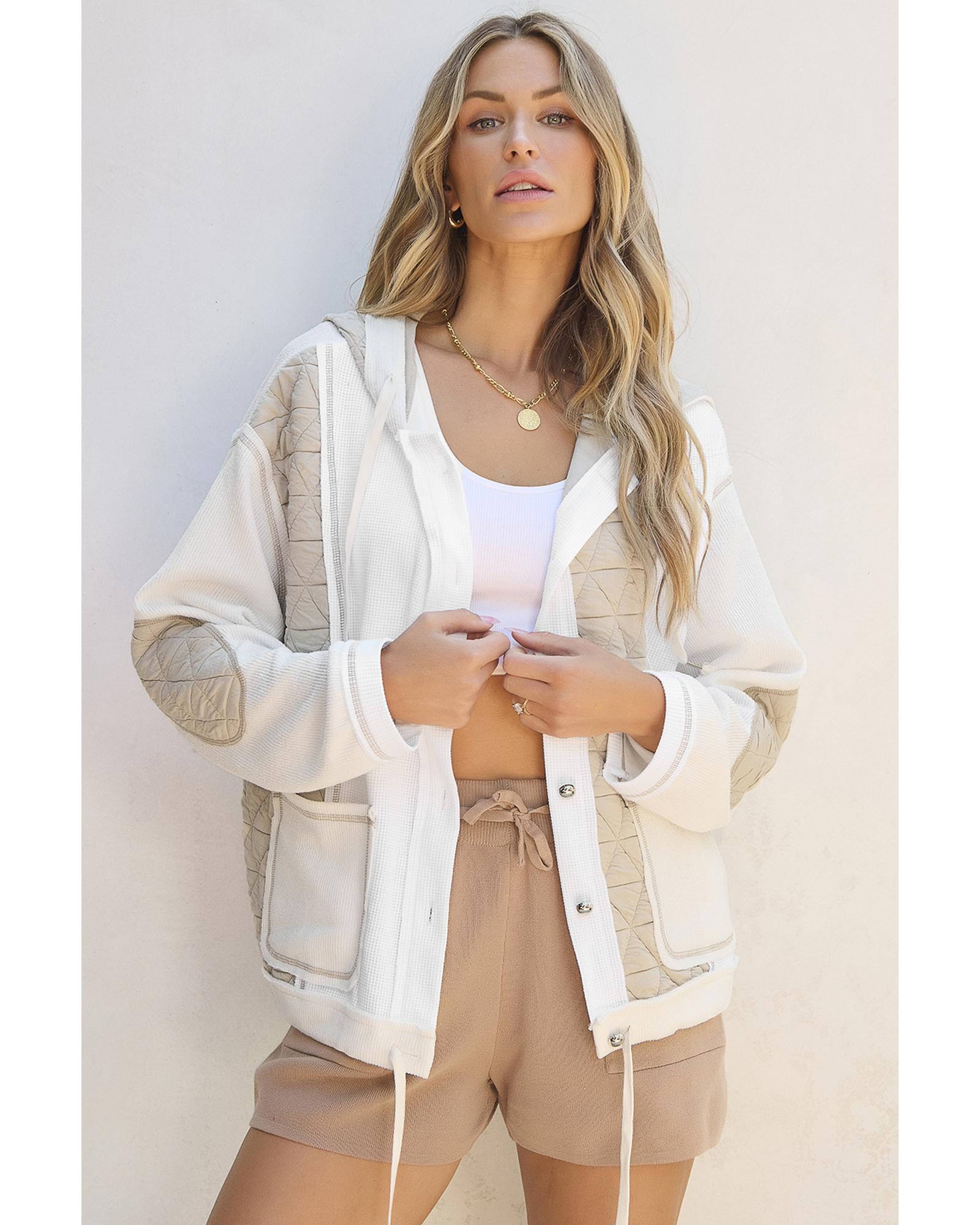 Beige Quilted Textured Patchwork Loose Fit Hooded Jacket - M