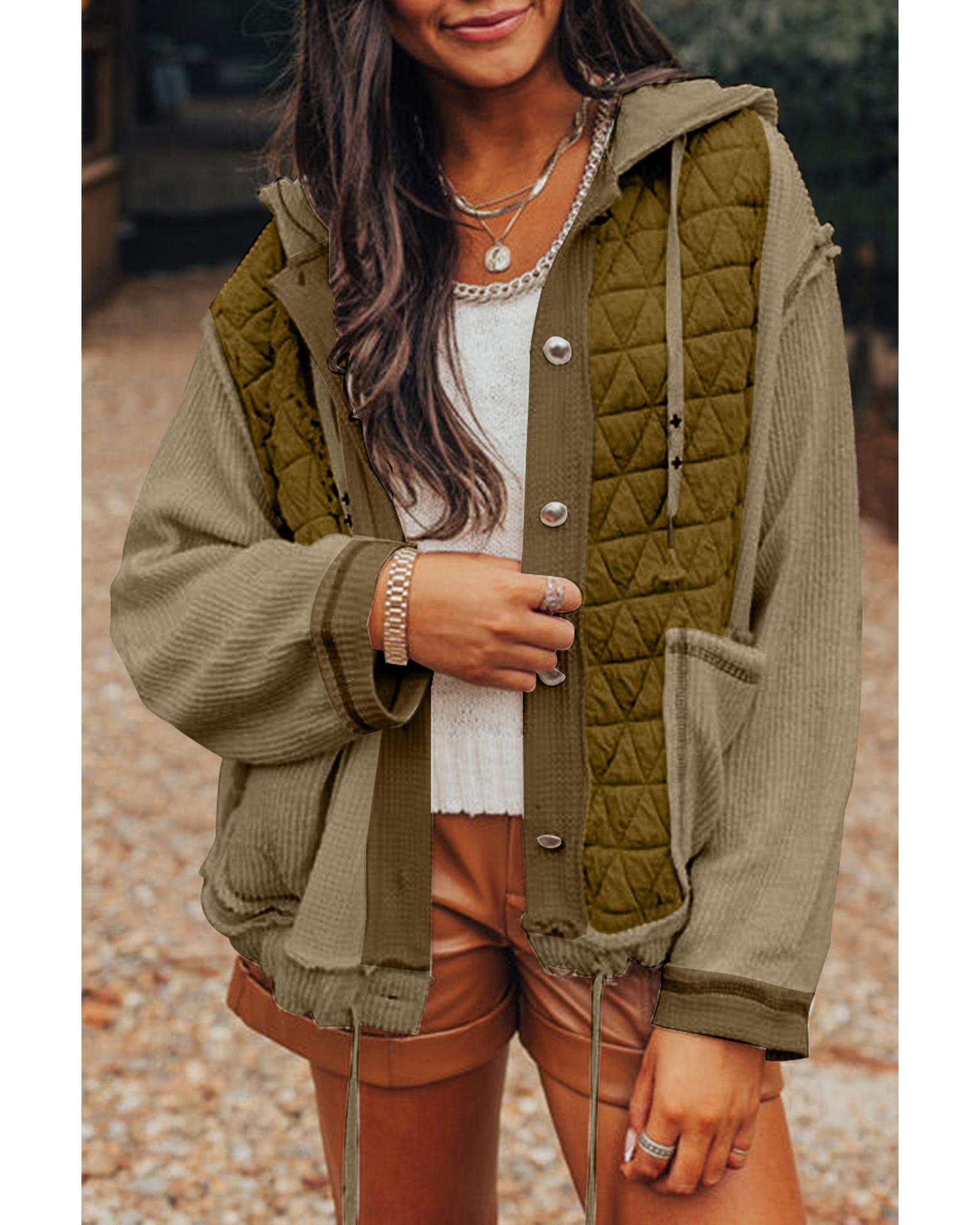 Jungle Green Quilted Textured Patchwork Loose Fit Hooded Jacket - L 8