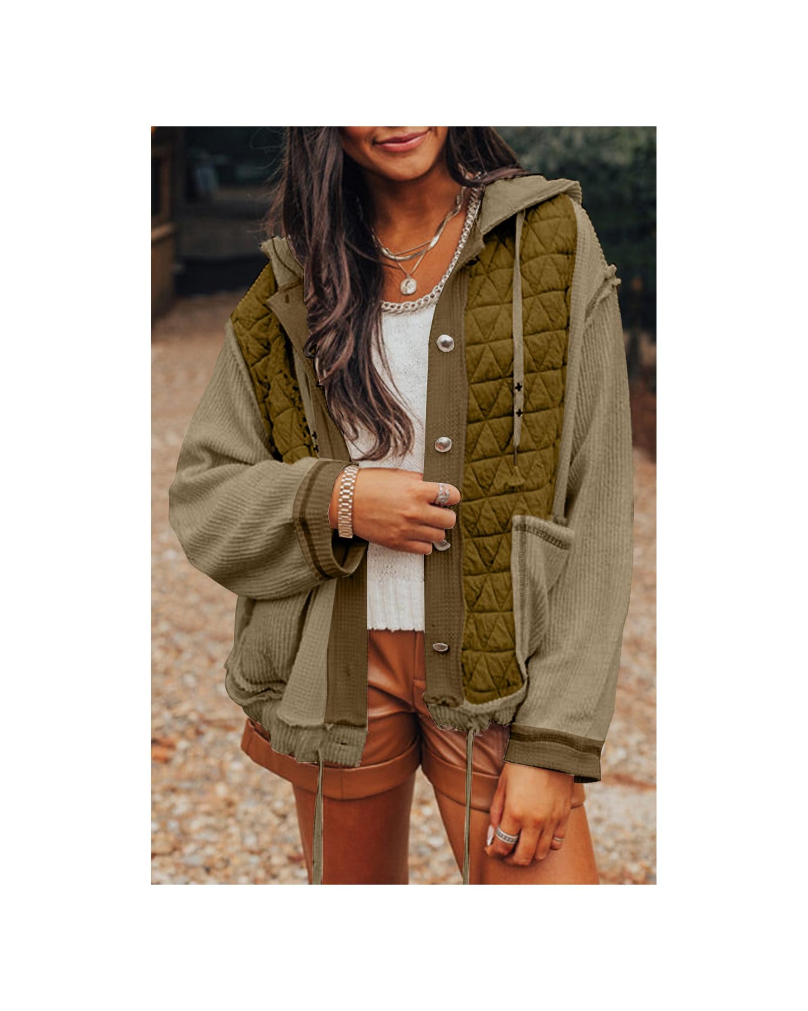 Jungle Green Quilted Textured Patchwork Loose Fit Hooded Jacket - M