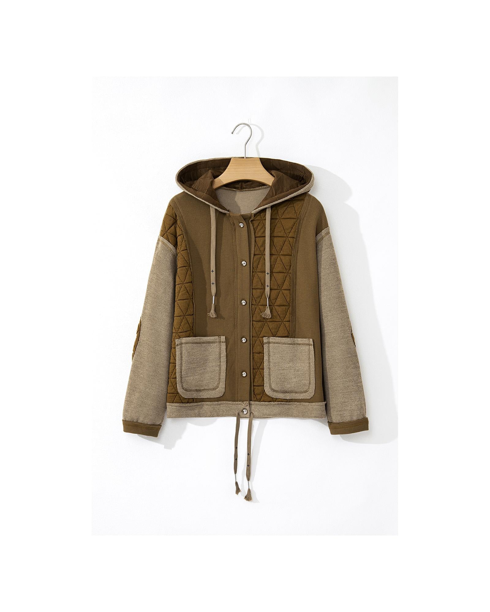 Jungle Green Quilted Textured Patchwork Loose Fit Hooded Jacket - M 5