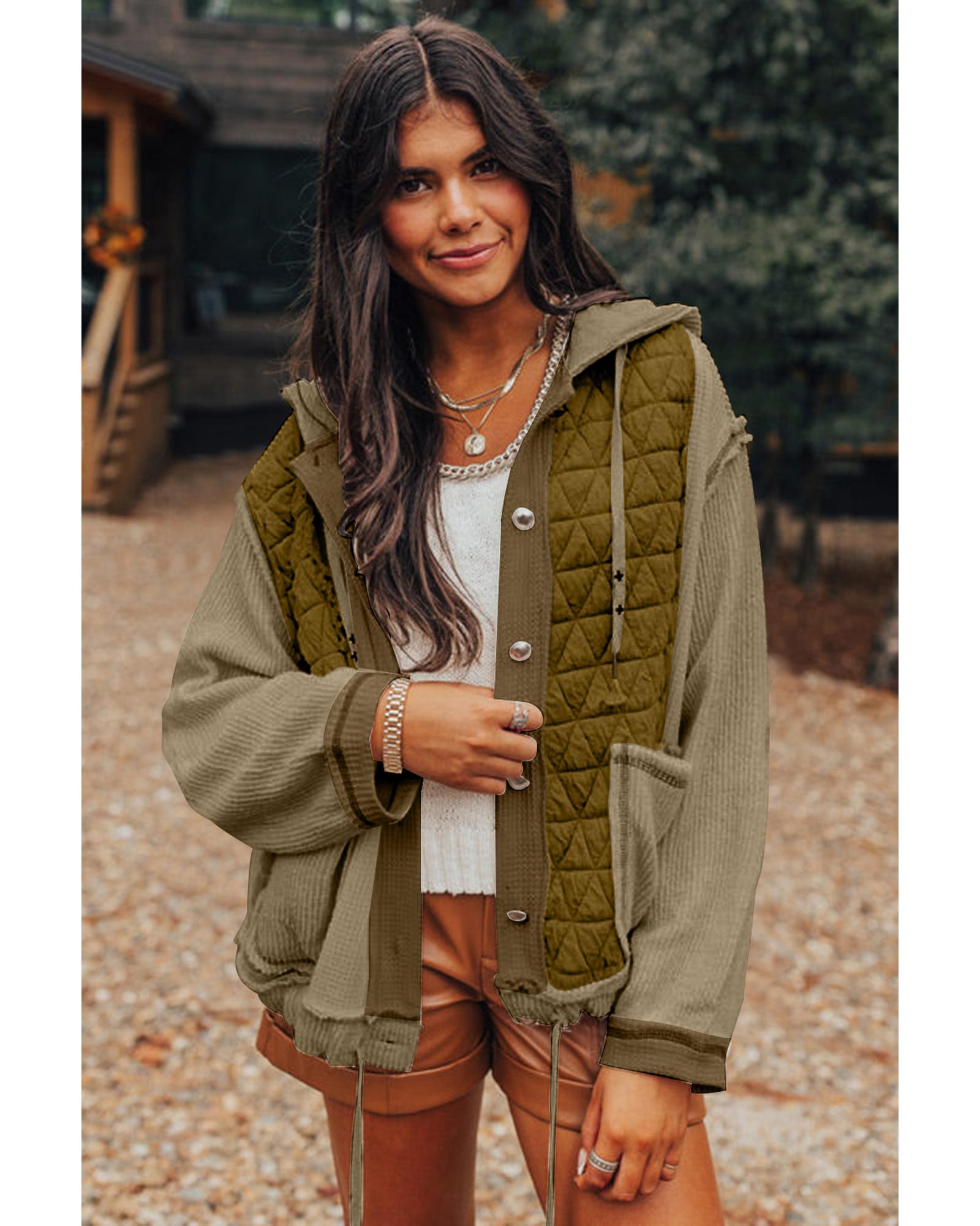 Jungle Green Quilted Textured Patchwork Loose Fit Hooded Jacket - S 3