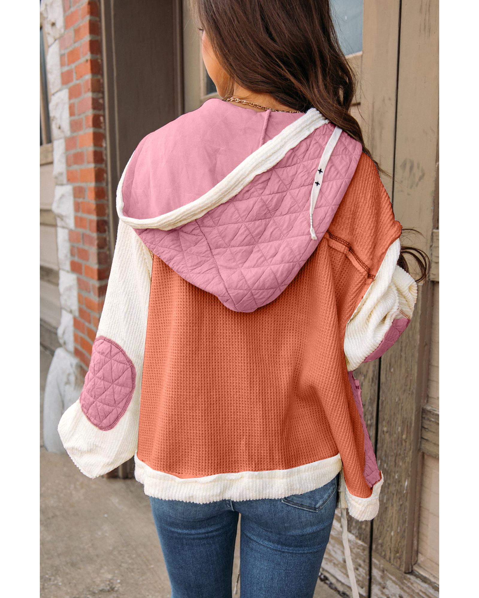 Coral Quilted Textured Patchwork Loose Fit Hooded Jacket - M 6