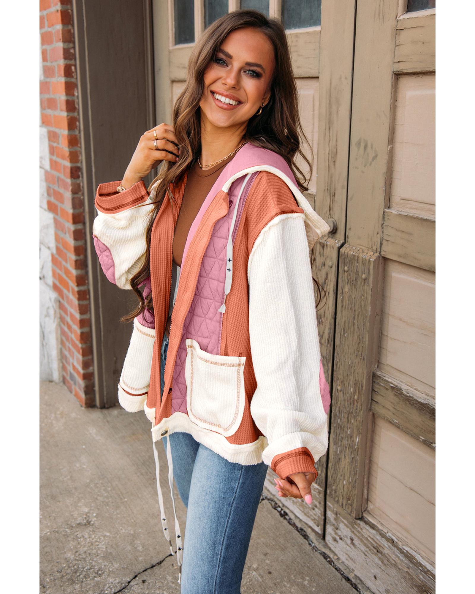 Coral Quilted Textured Patchwork Loose Fit Hooded Jacket - S 4