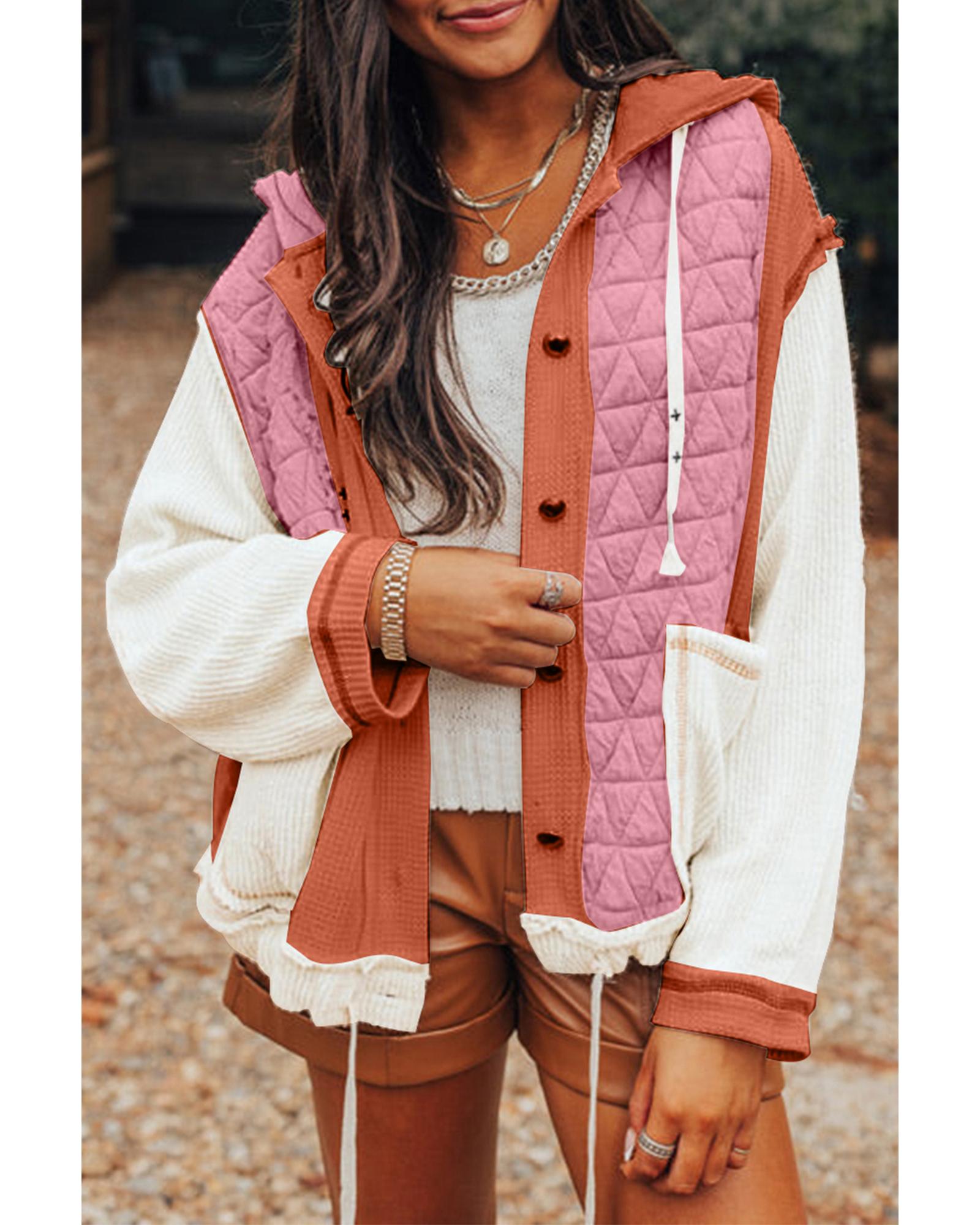 Coral Quilted Textured Patchwork Loose Fit Hooded Jacket - S 5