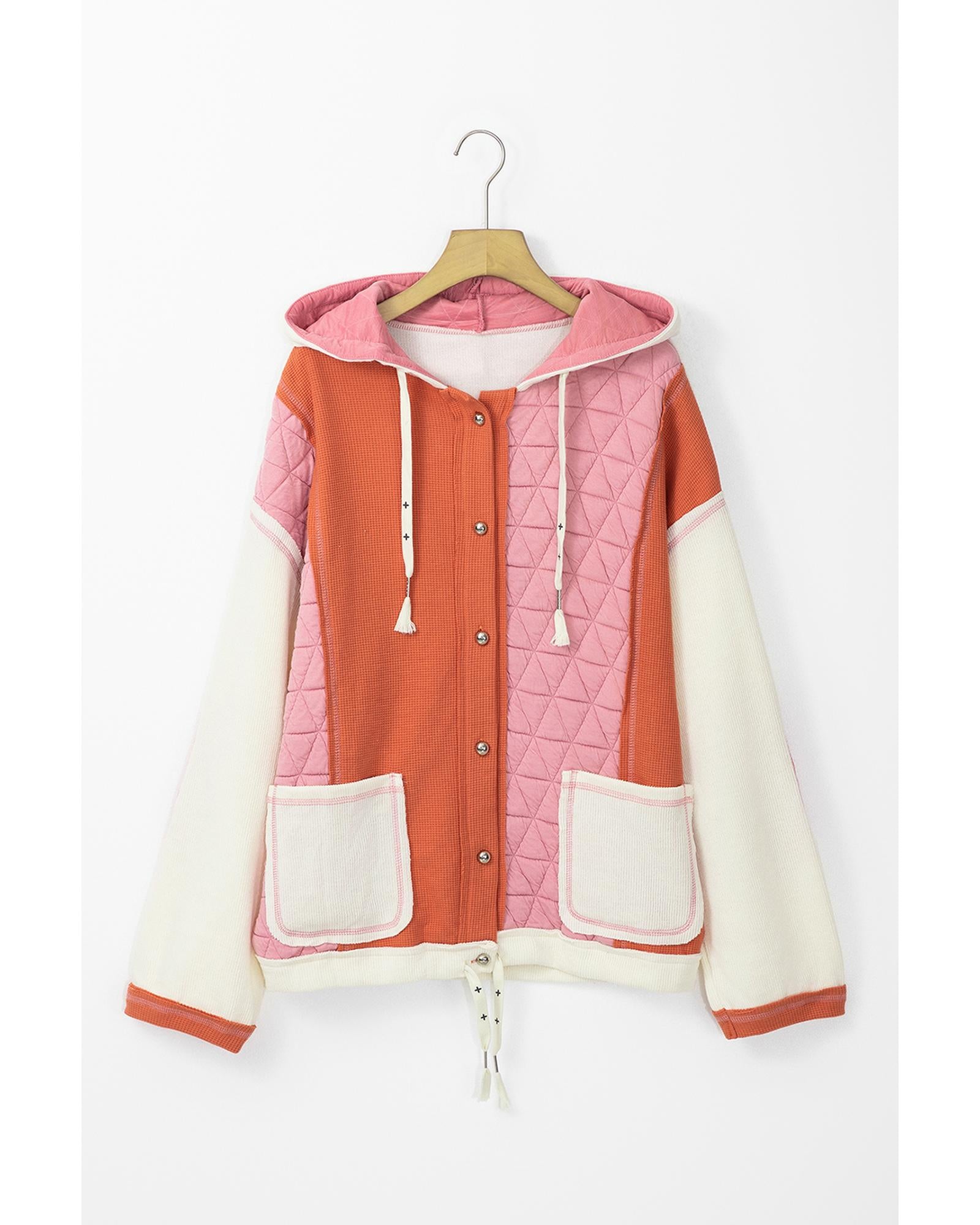 Coral Quilted Textured Patchwork Loose Fit Hooded Jacket - S 7