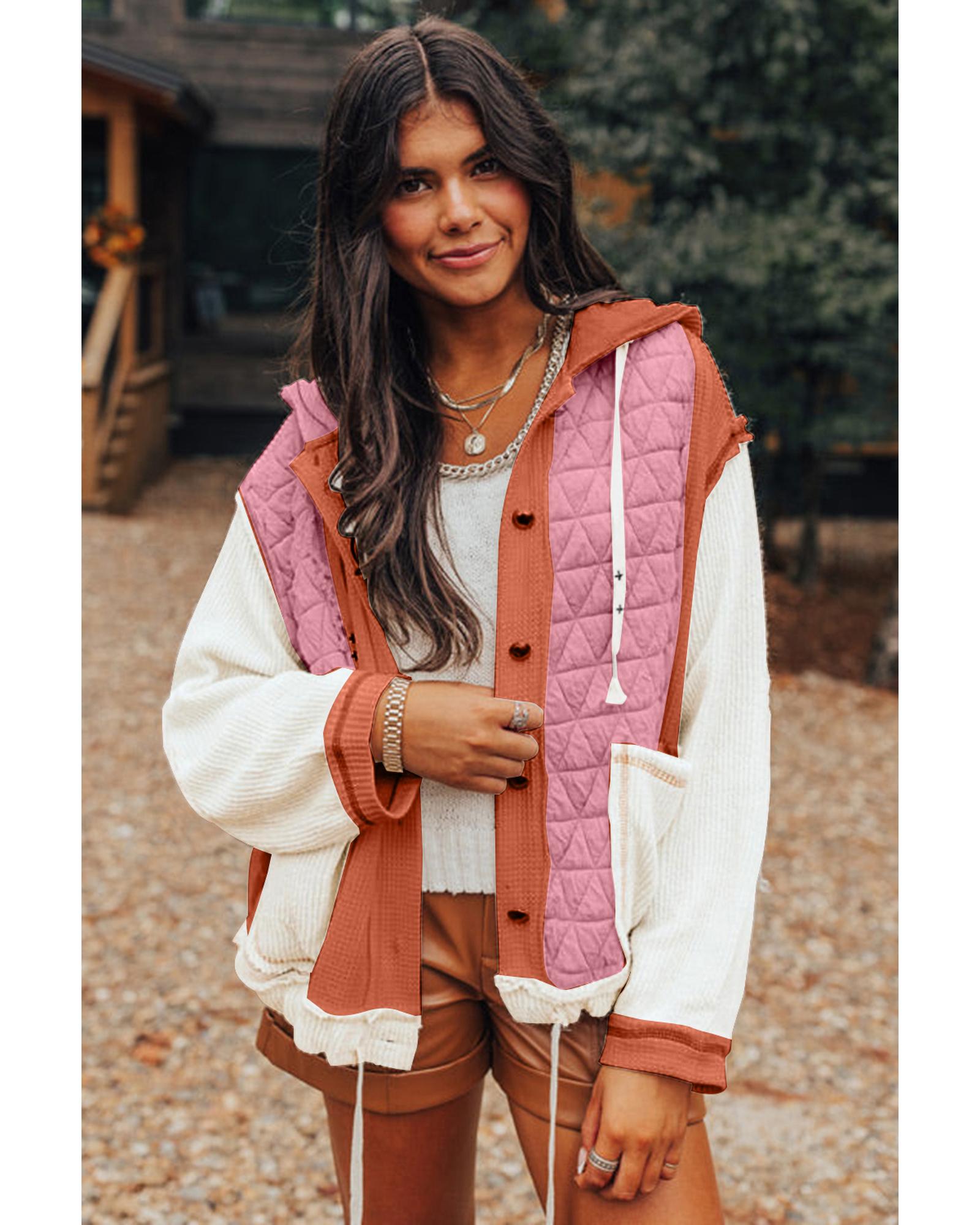 Coral Quilted Textured Patchwork Loose Fit Hooded Jacket - S 8