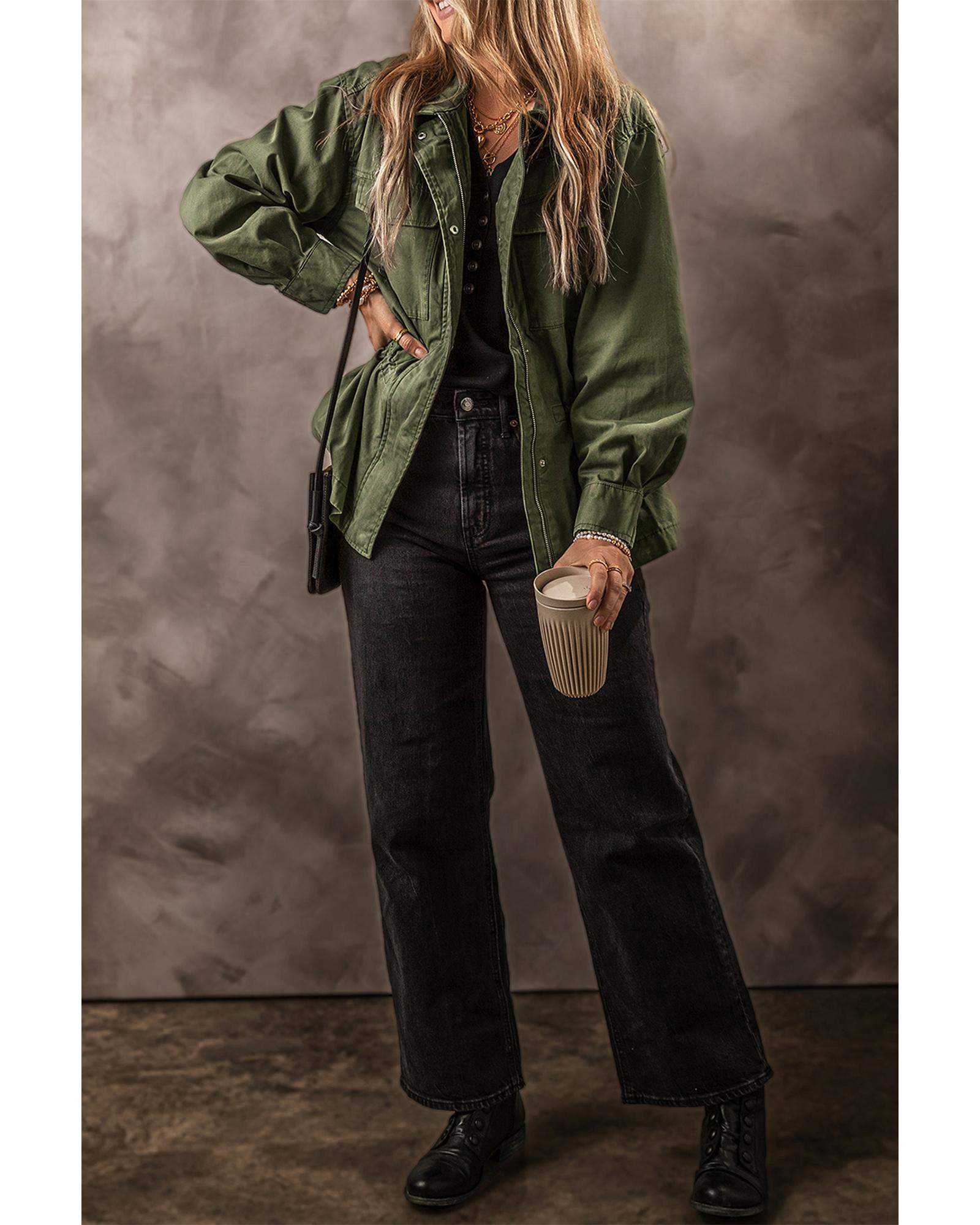 Moss Green Snap Button Zipper Tight Waist Collared Jacket - L 3