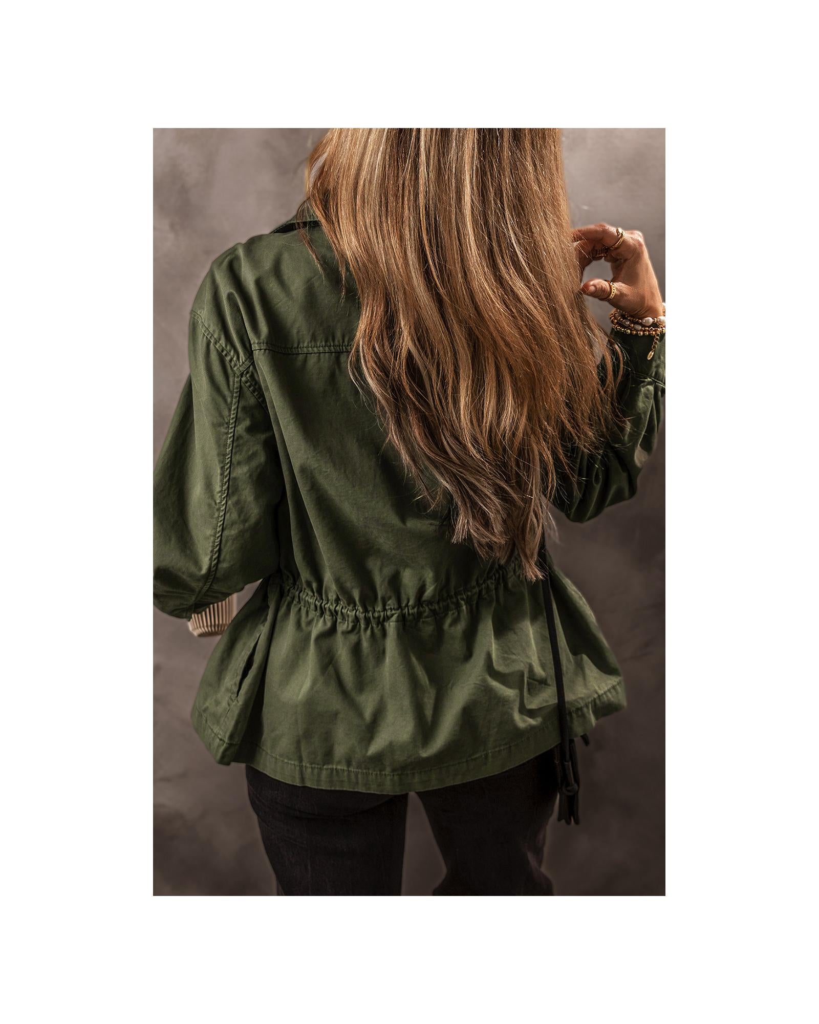 Moss Green Snap Button Zipper Tight Waist Collared Jacket - M 3