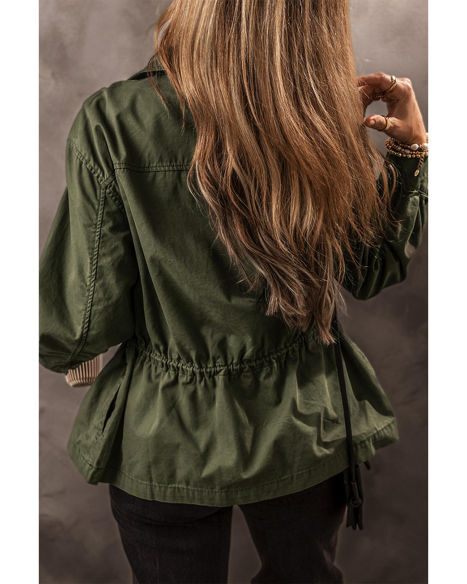 Moss Green Snap Button Zipper Tight Waist Collared Jacket - S 4