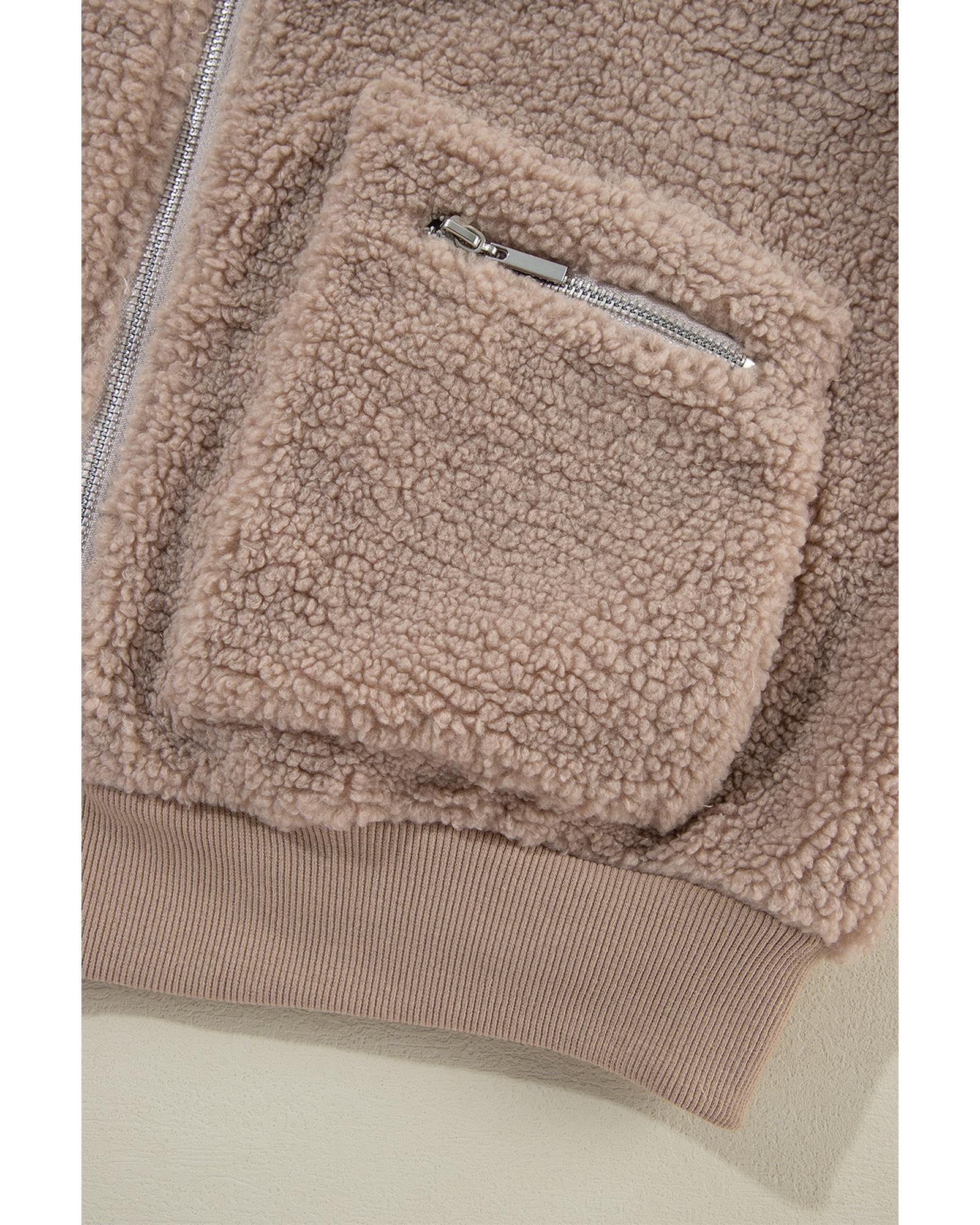 Light French Beige Zipper Pocketed Winter Fuzzy Jacket - L 7