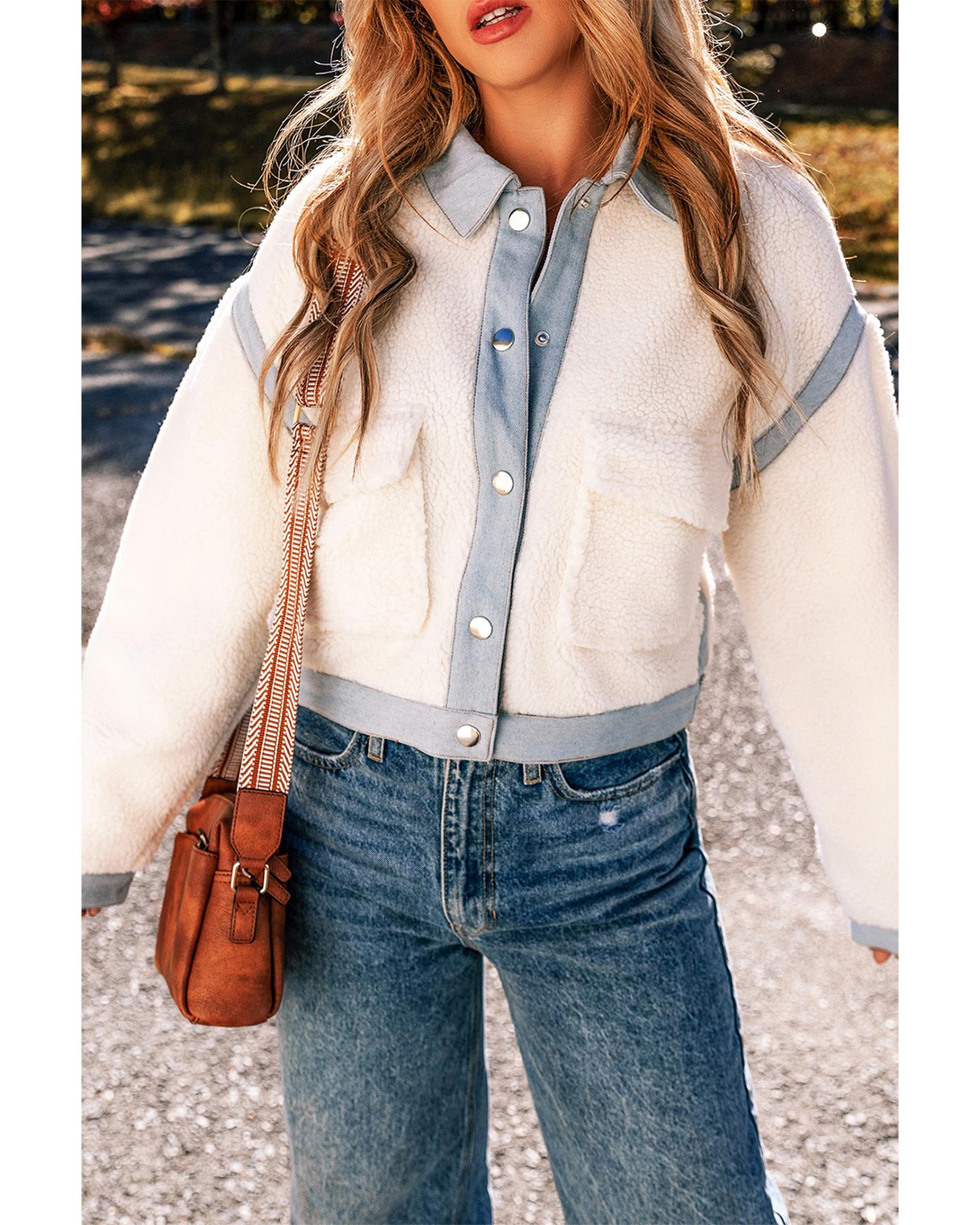 White Contrast Trim Buttoned Sherpa Jacket - M 4