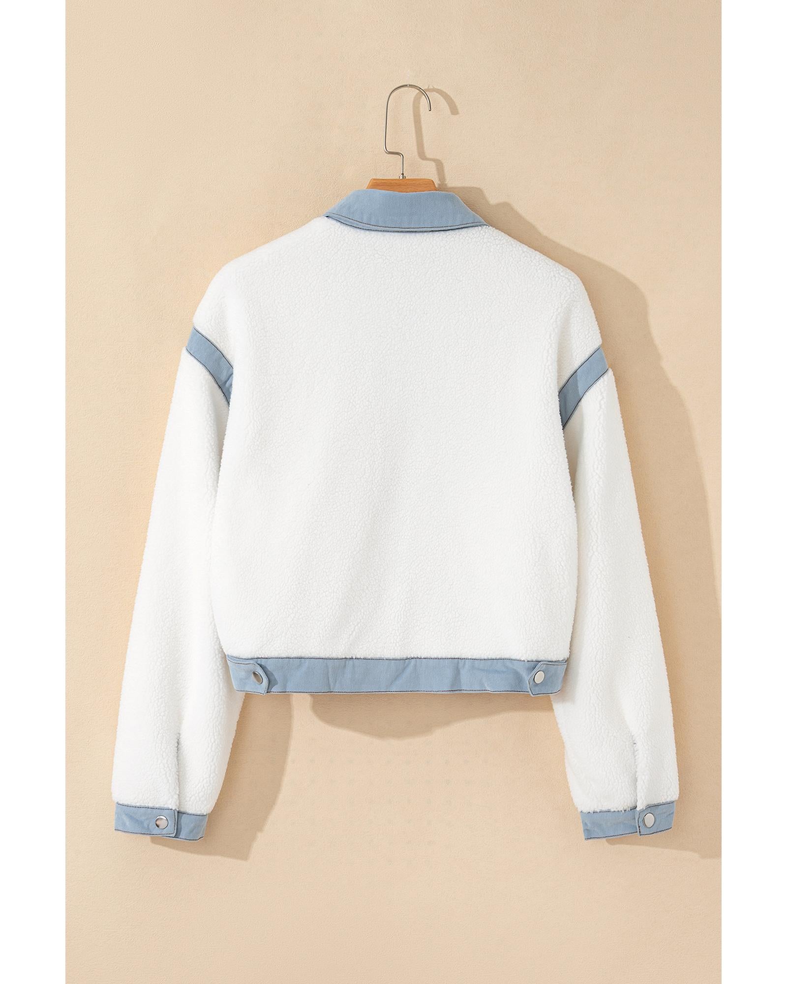 White Contrast Trim Buttoned Sherpa Jacket - XL 7