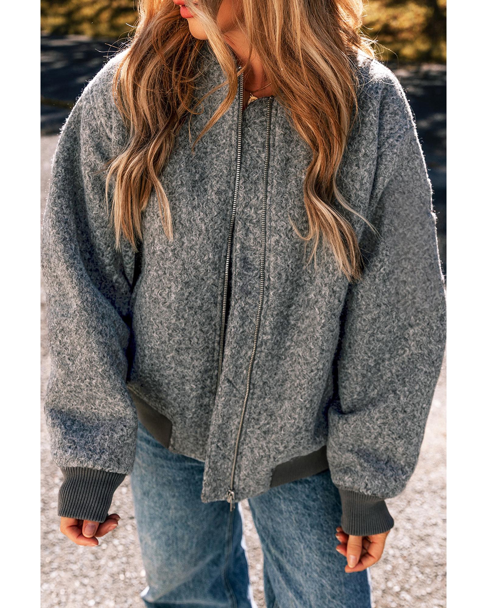 Medium Grey Fuzzy Zip Up Pocketed Sleeve Jacket - L 8