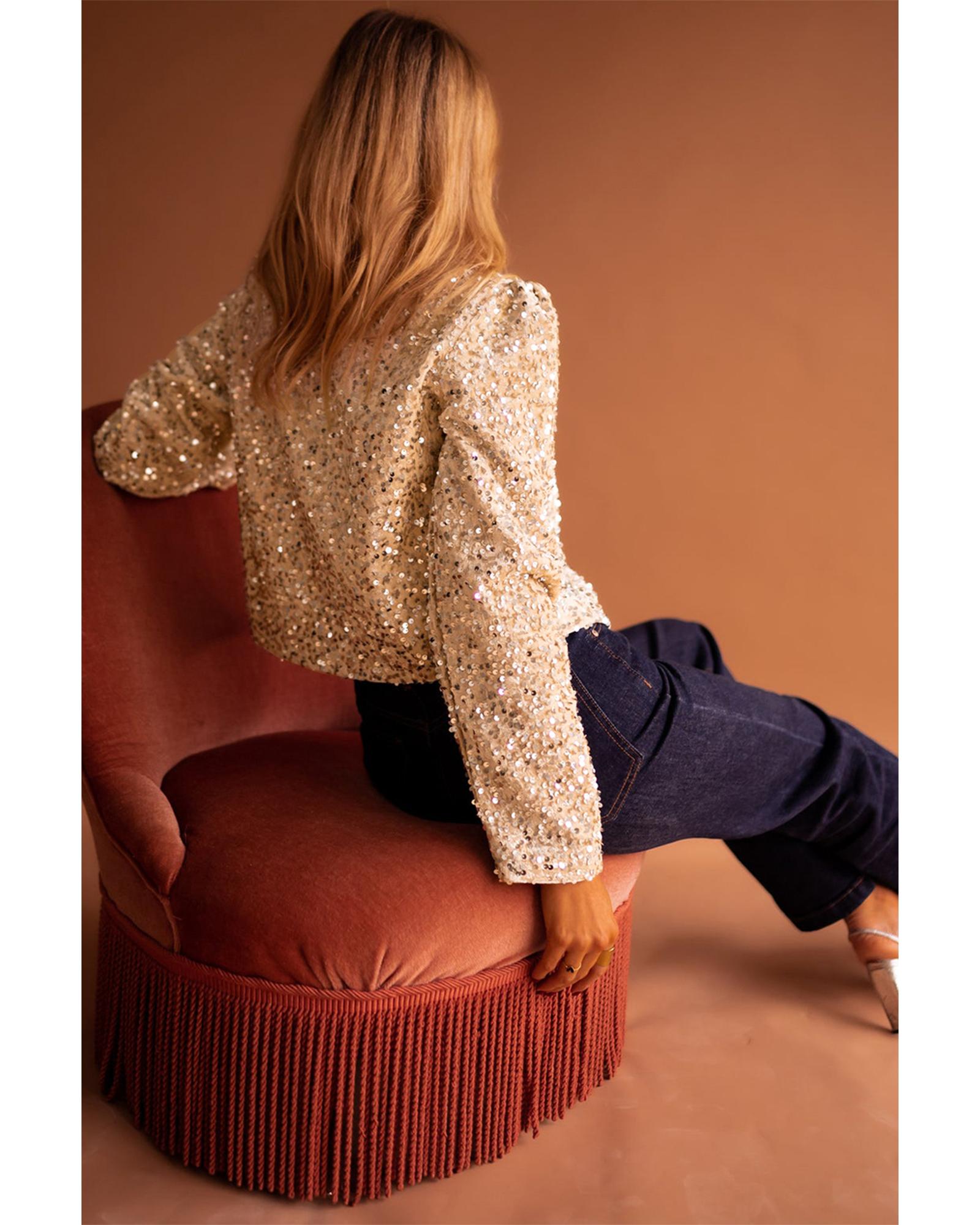 Golden Fleece Sequined Open Front Cropped Jacket - M 3