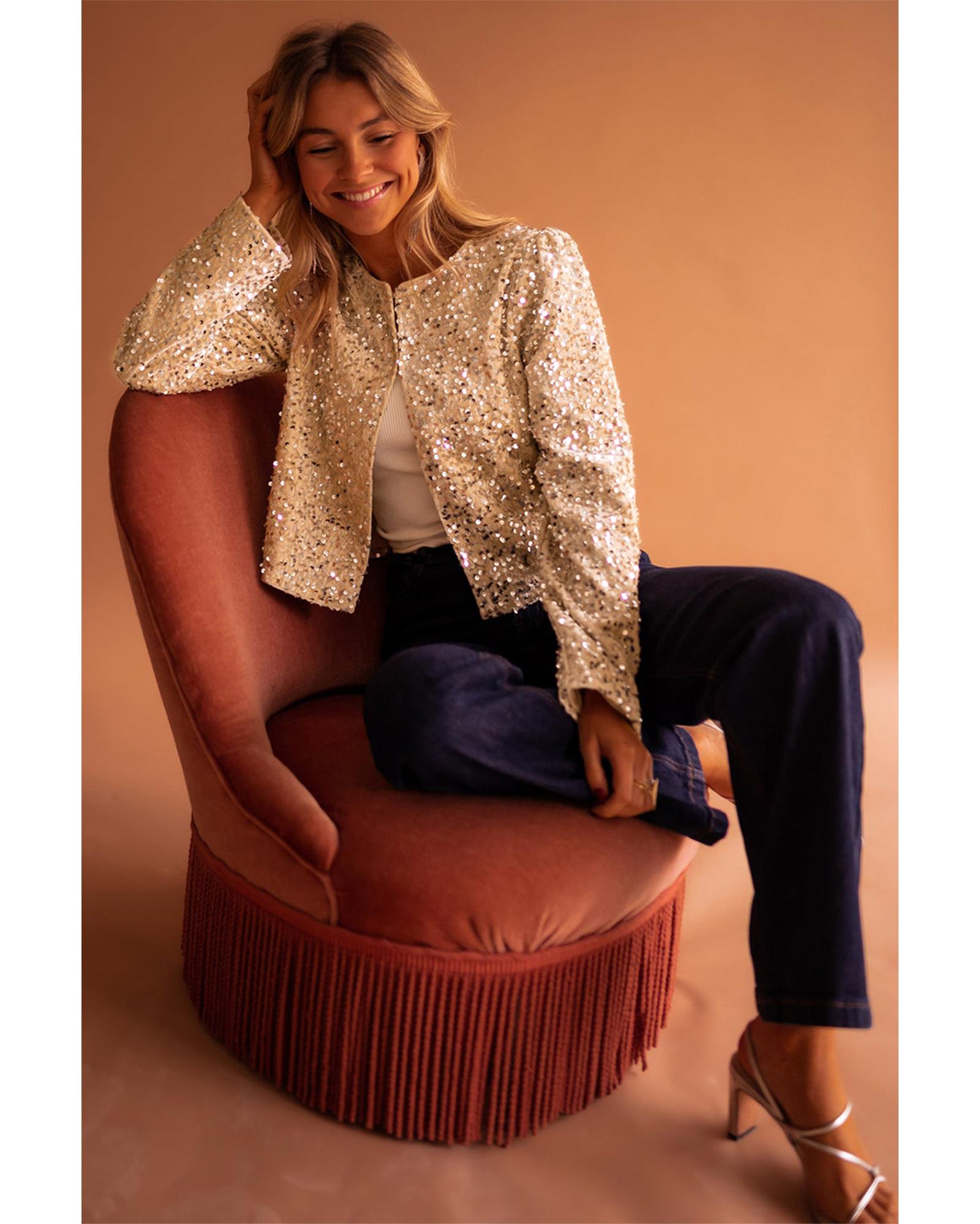 Golden Fleece Sequined Open Front Cropped Jacket - M 6